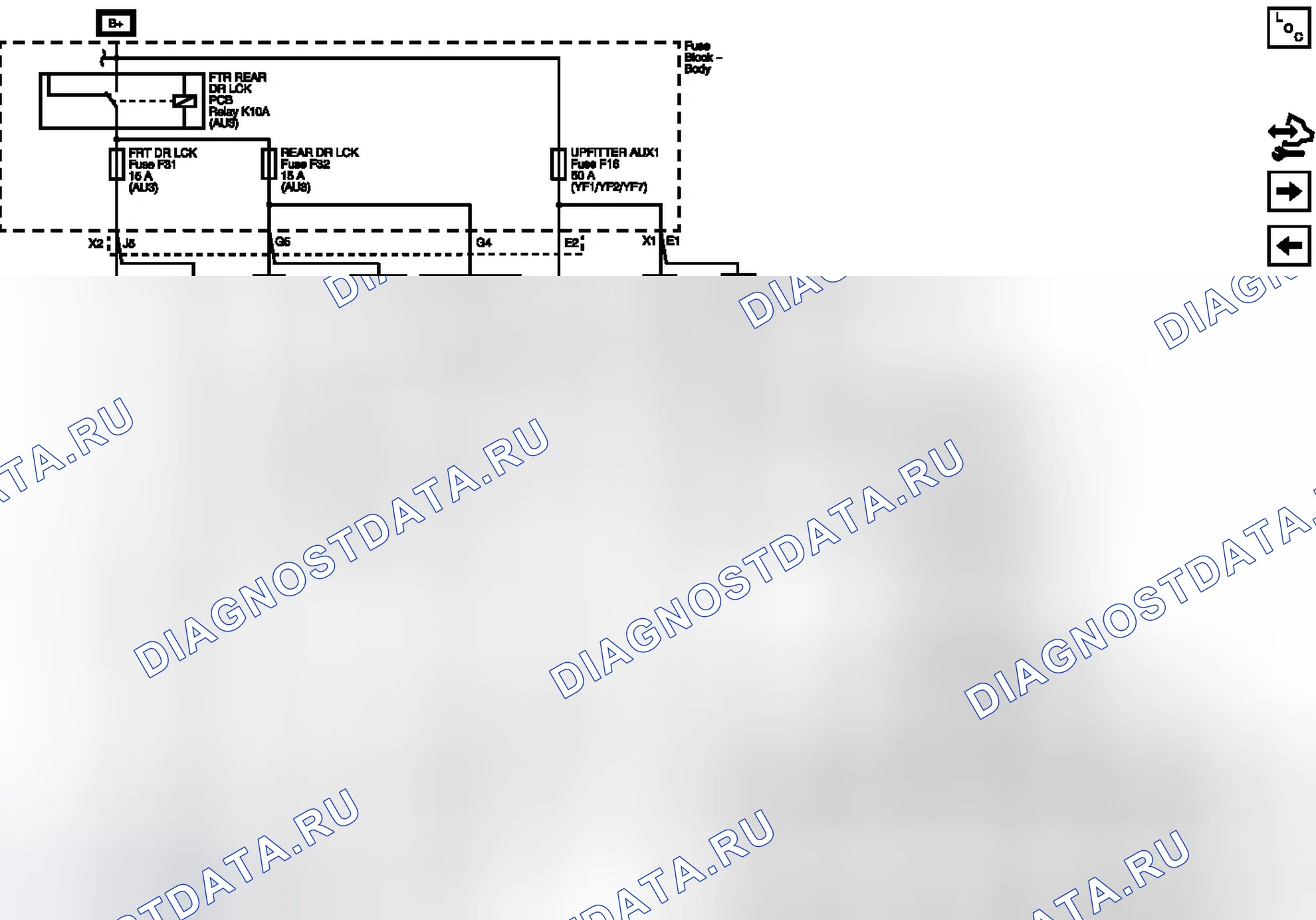 Рис. 163: Предохранители FRT DR Lck, задний DR Lck и UPFITTER AUX1. GMC RV Cutaway G3500 