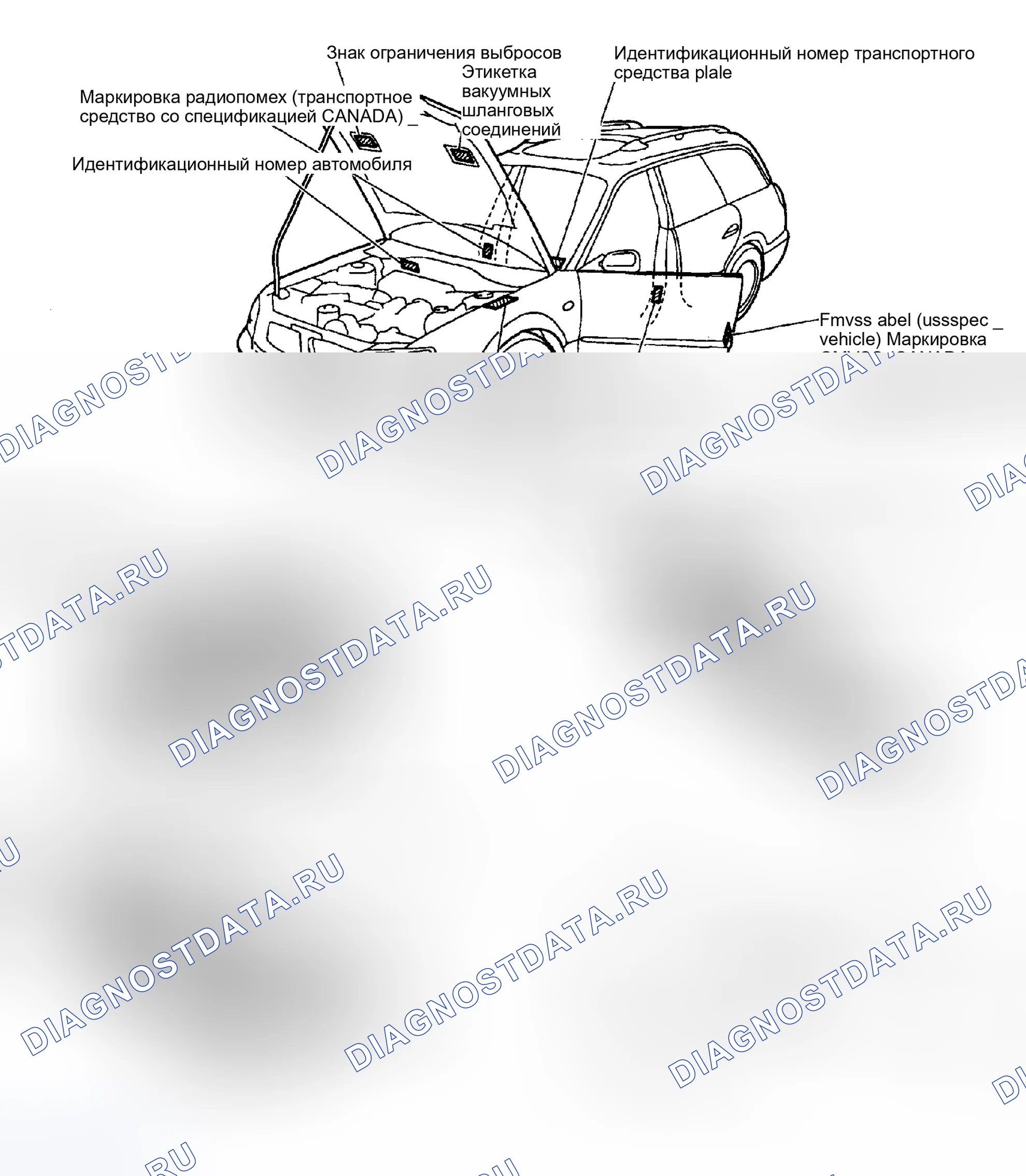 Рис. 34: РАСПОЛОЖЕНИЕ ИДЕНТИФИКАЦИОННОГО НОМЕРА И ЭТИКЕТКИ. Subaru Outback BH
