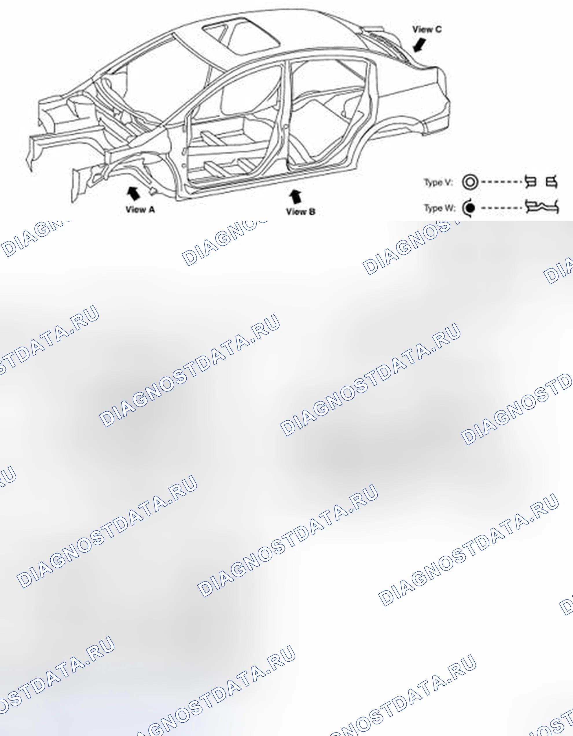 Рис. 249: ОТМЕТКИ СООТВЕТСТВИЯ ДЕТАЛЕЙ ПАНЕЛЕЙ. Nissan Sentra B16 рестайлинг
