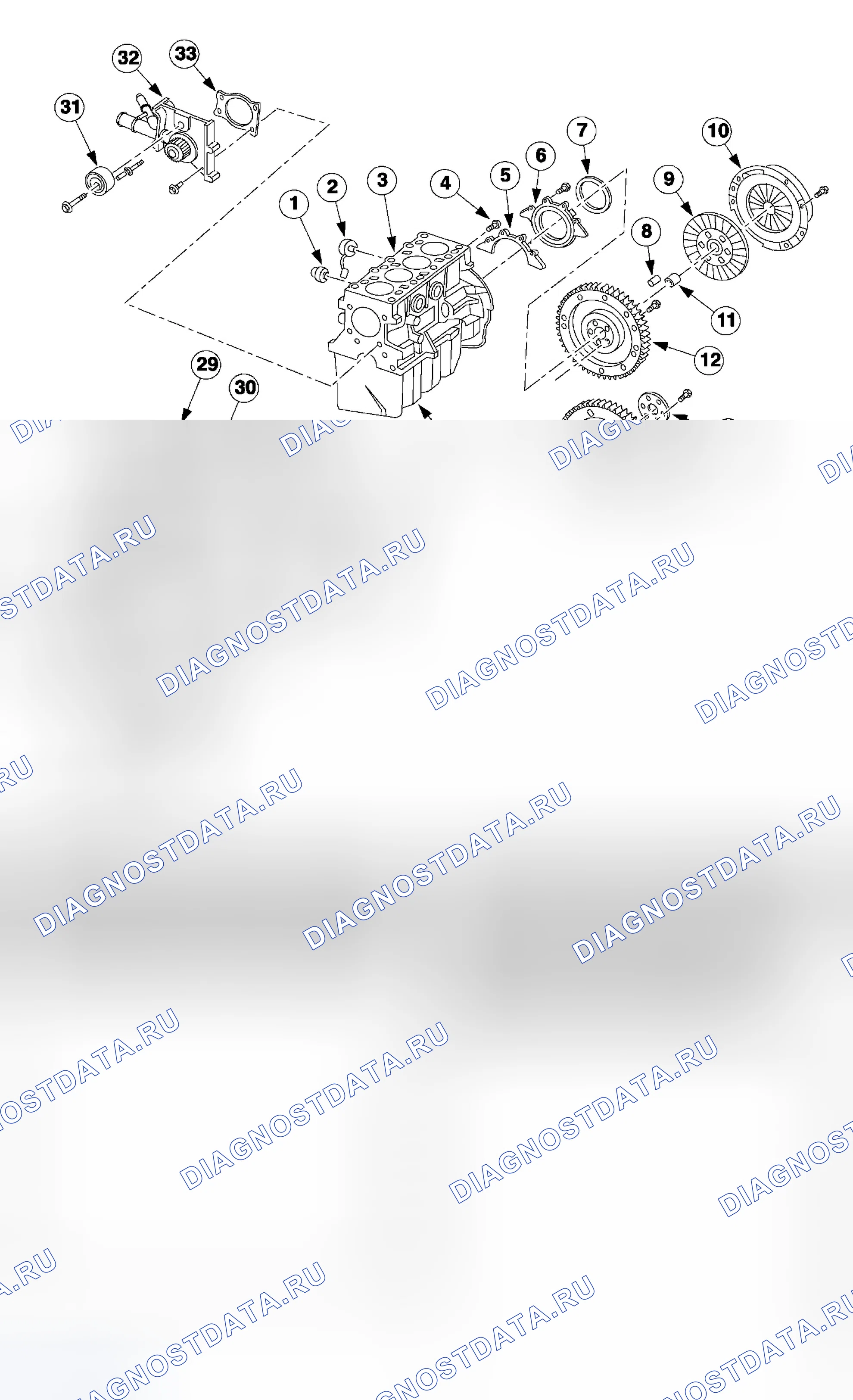 Рис. 719: Нижние компоненты двигателя. Ford Focus I рестайлинг