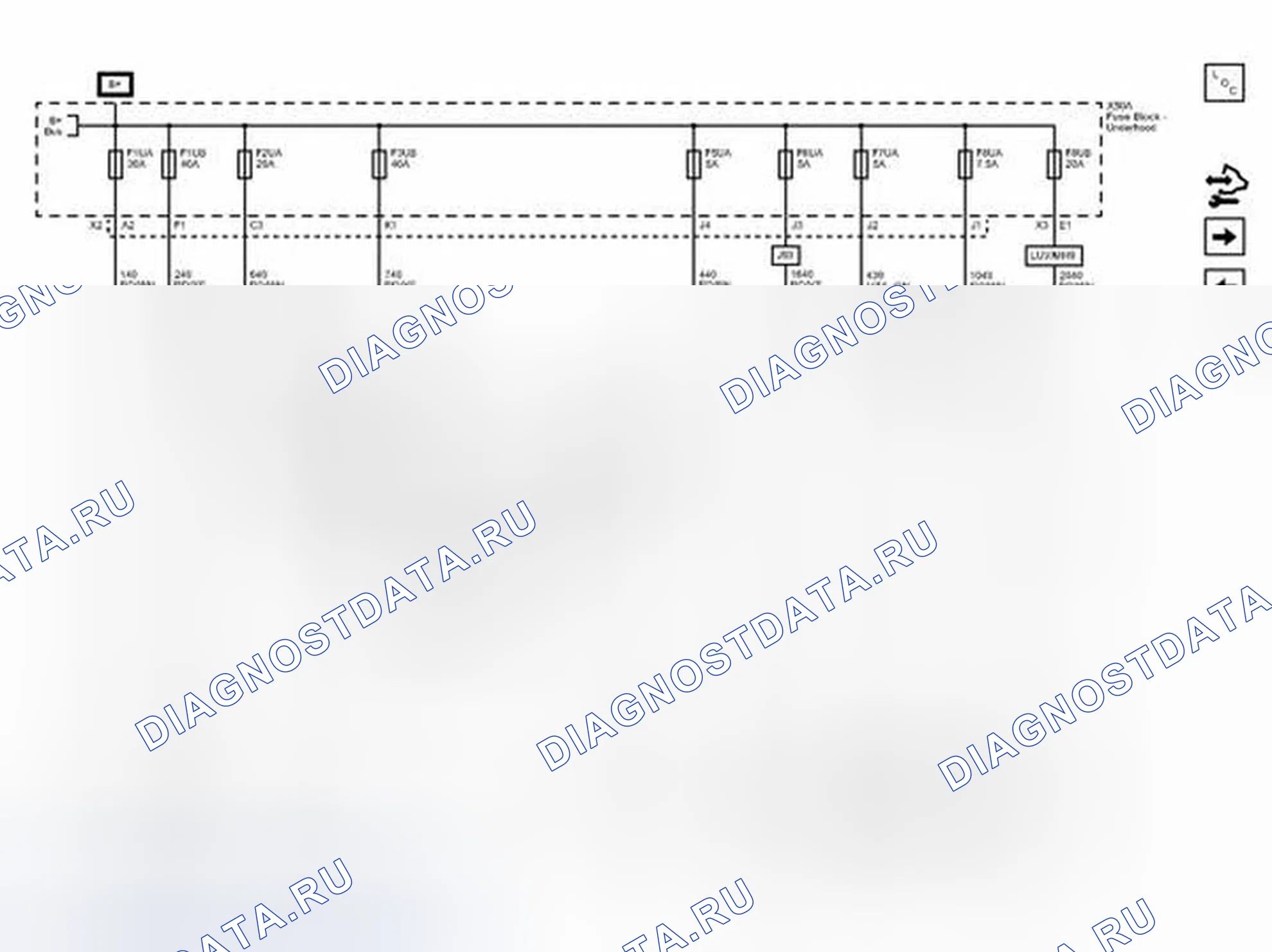 Рис. 53: Предохранители F1UA, F1UB, F2UA, F3UB, F5UA, F6UA, F7UA, F8UA, F8UB и F32DA (LUV или LUW). Chevrolet Sonic I