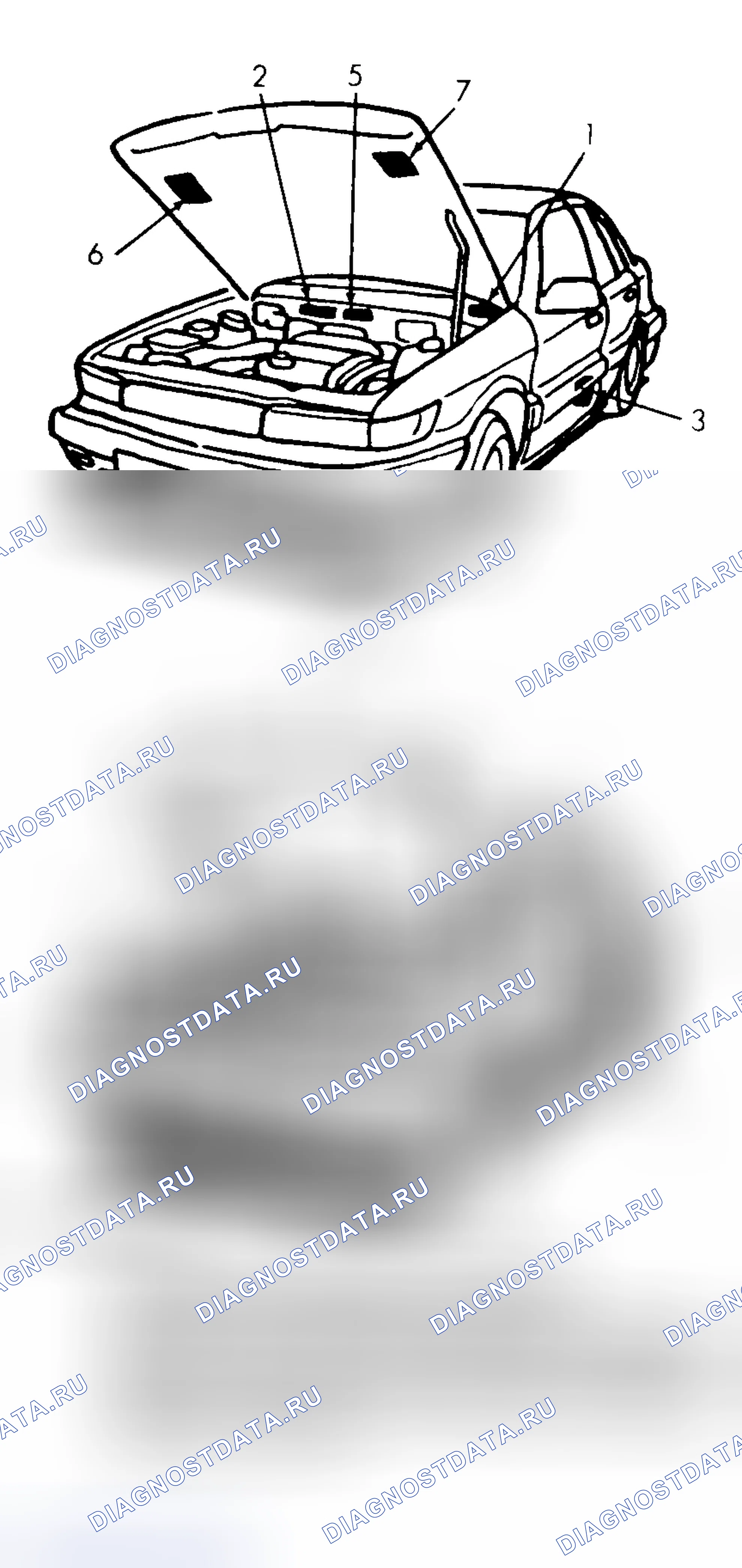 Рис. 12: РАСПОЛОЖЕНИЕ ИНФОРМАЦИОННЫХ МЕТОК. Mitsubishi Mirage II