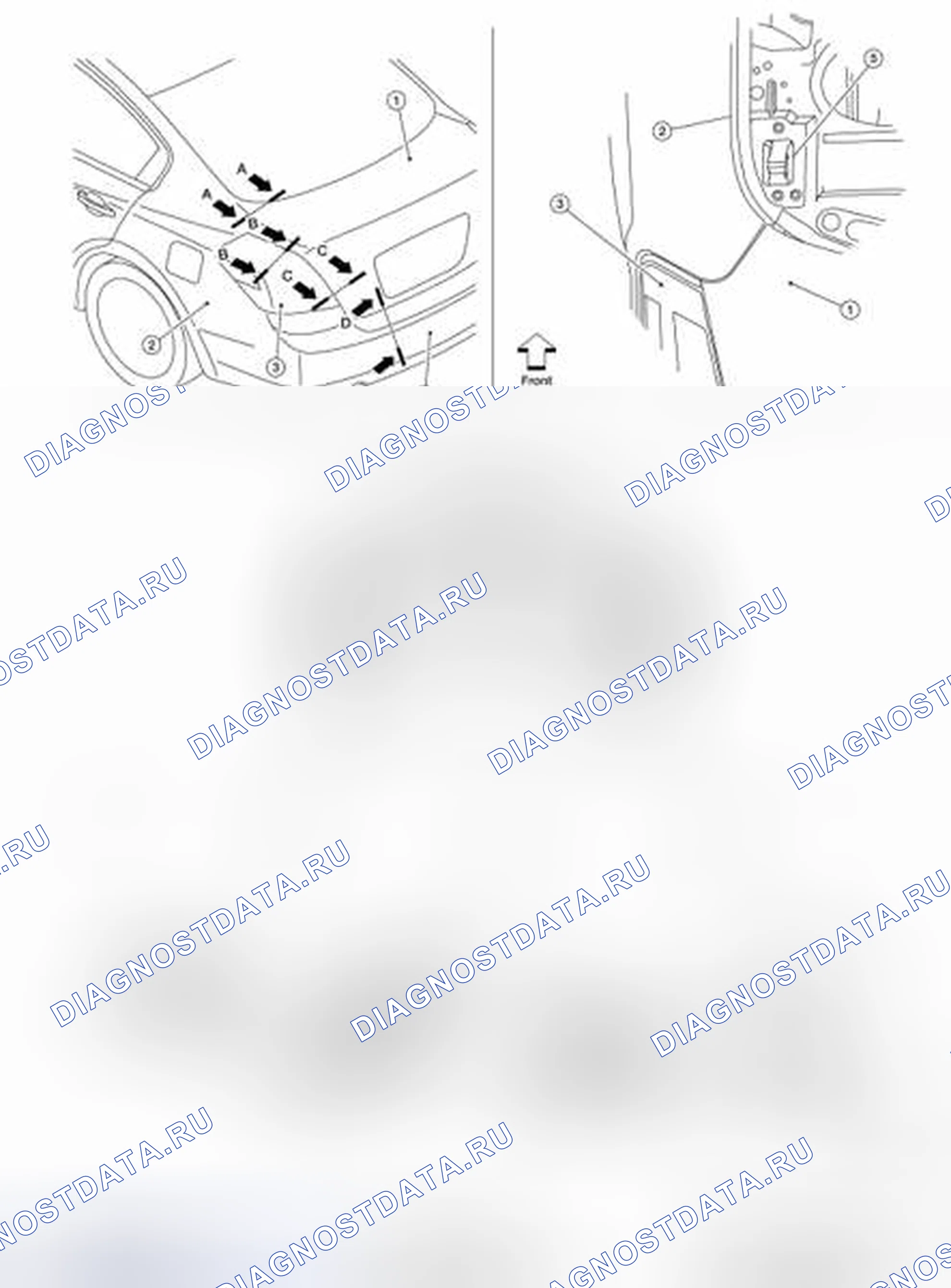 Рис. 98: Идентификация зоны регулировки узла крышки багажника. Nissan Altima L32
