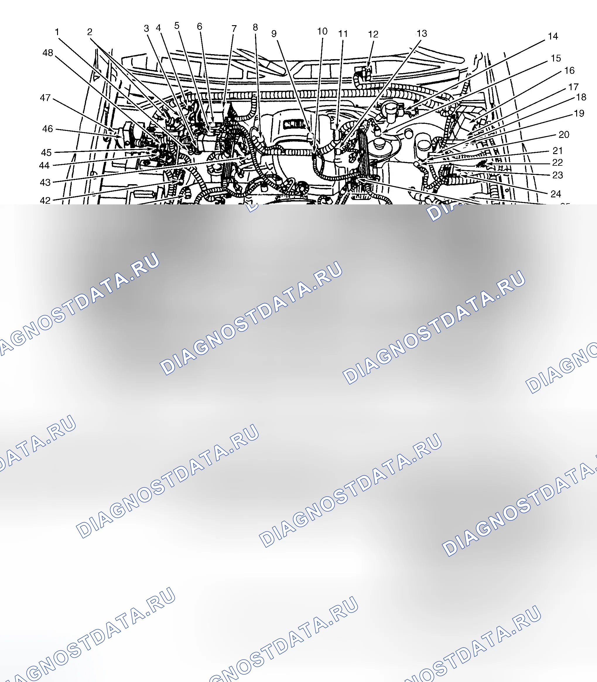 Рис. 2: Моторный отсек (4,6 л). Ford Pickup F250 Super Duty 
