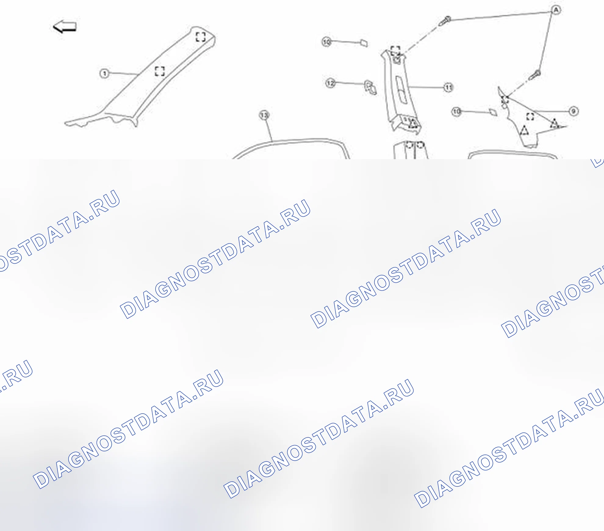 Рис. 5: Покомпонентный вид компонентов облицовки со стороны кузова. Nissan Altima L32