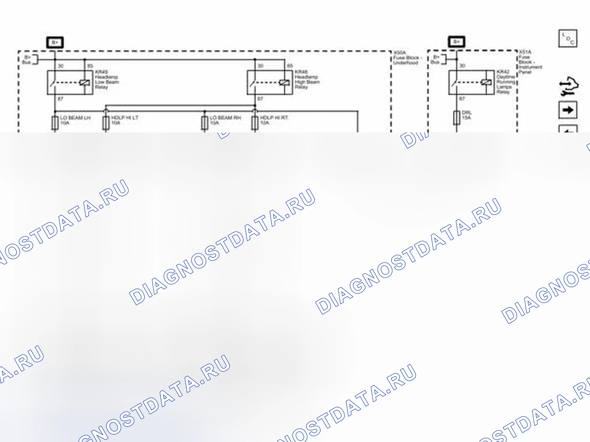 Рис. 47: HDLP Lo LT, HDLP Lo RT, HDLP HI LT, HDLP HI RT и предохранители DRL. Chevrolet Captiva I рестайлинг 2