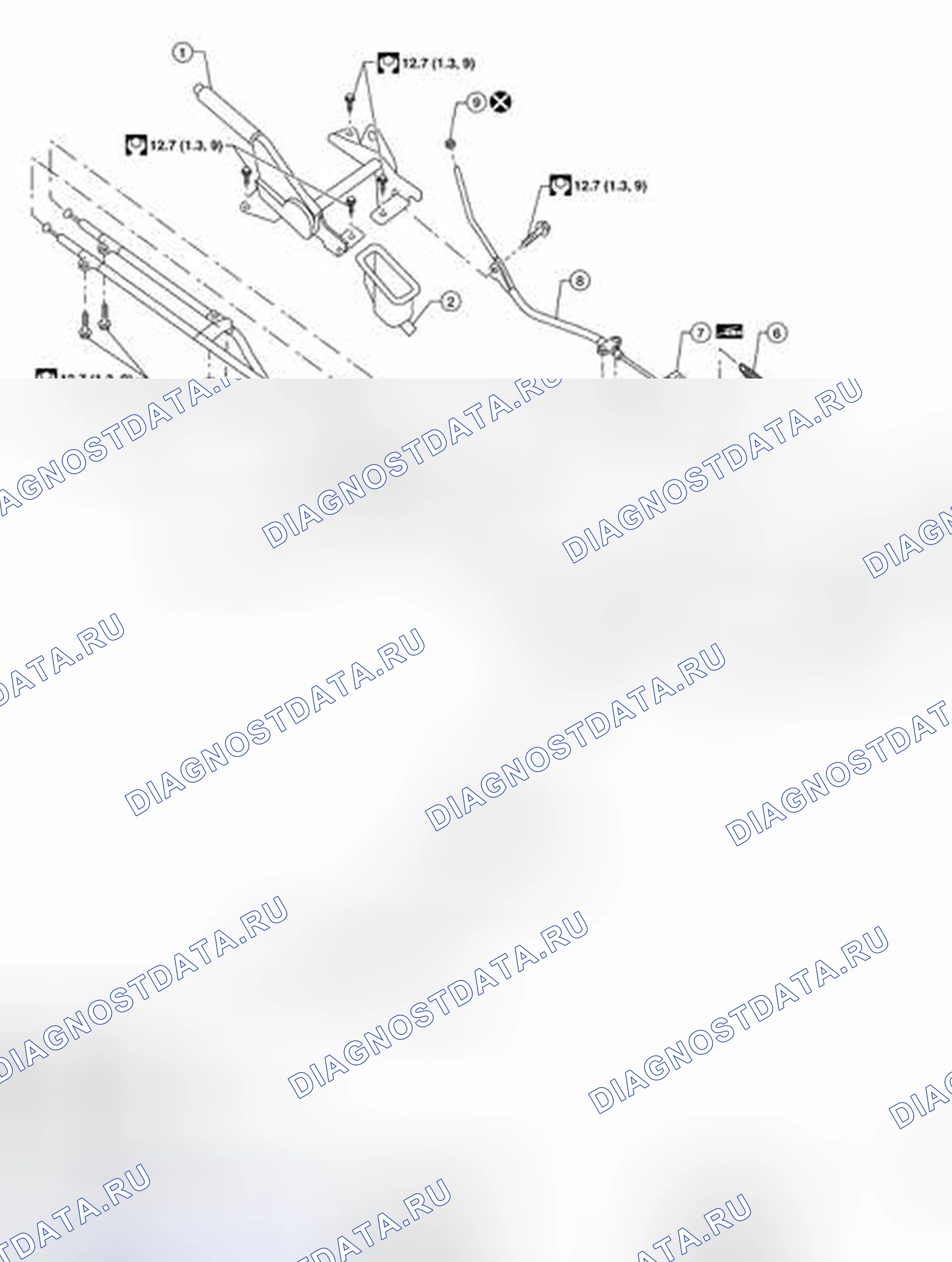 Рис. 3: Идентификация компонентов управления стояночным тормозом (со спецификацией крутящего момента). Nissan Frontier D40