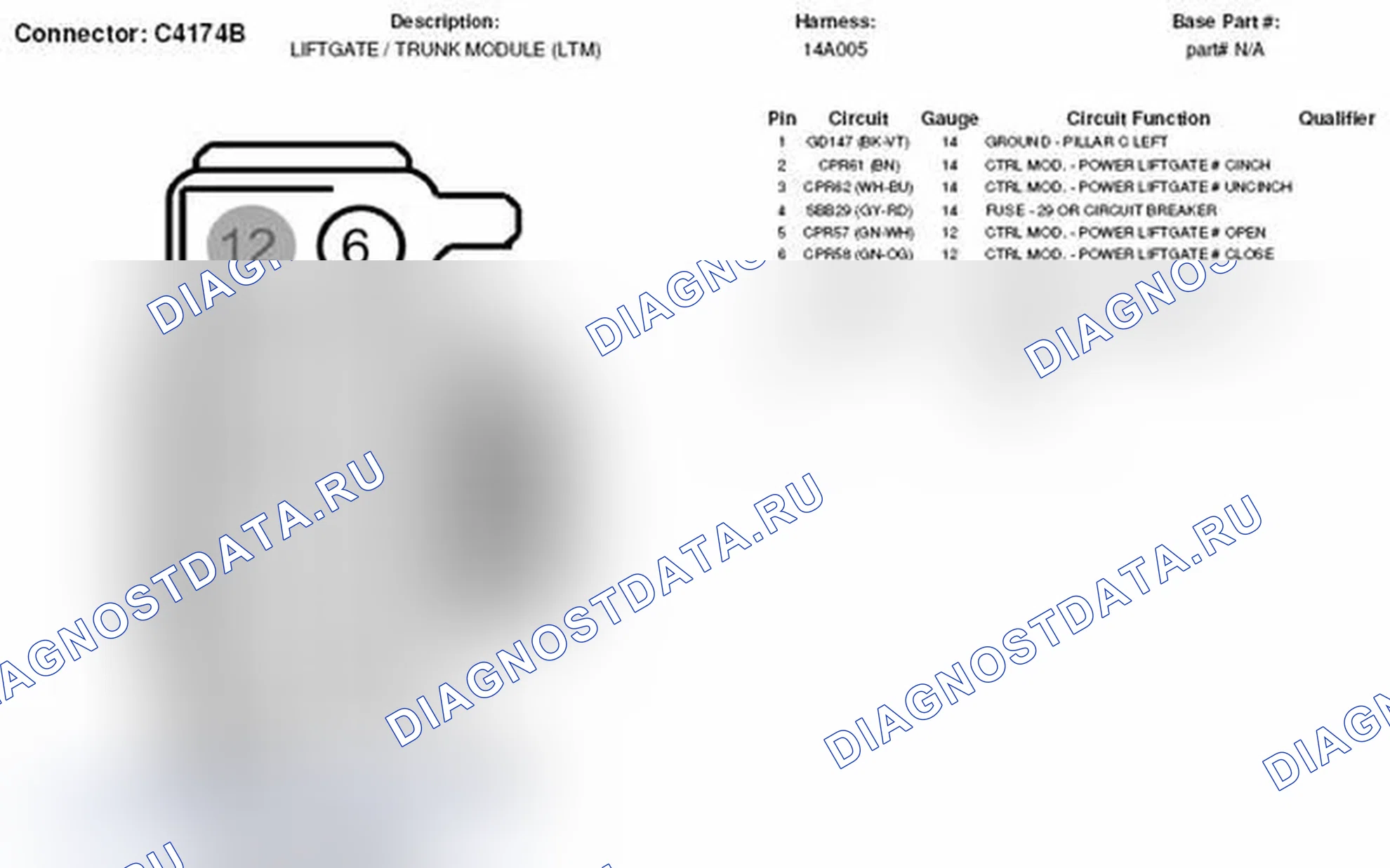 Рис. 315: Вид с торца разъема модуля дверь багажника/модуля багажника (C4174B). Ford Taurus X I