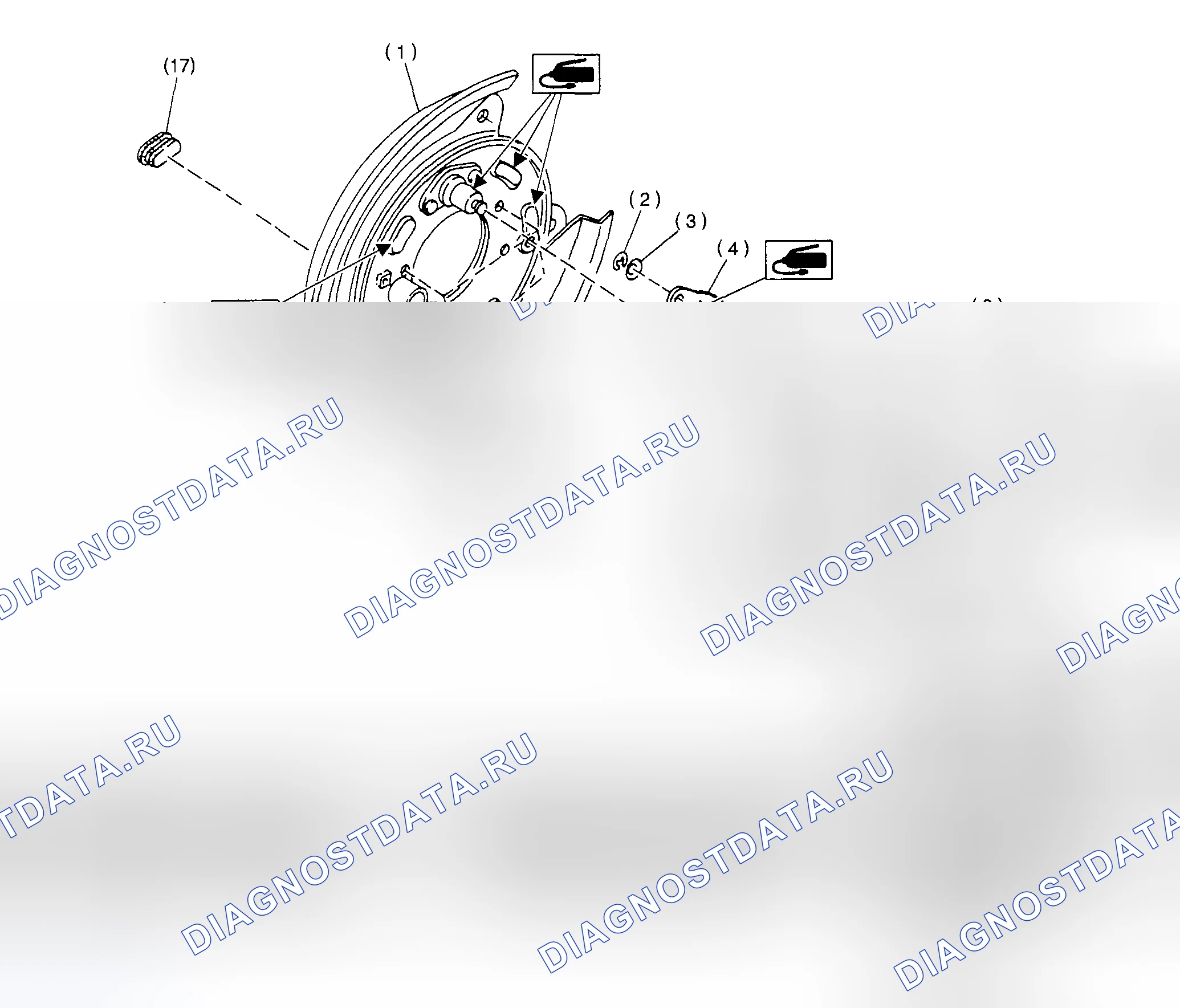 Рис. 2: Разнесенный вид стояночного тормоза (задний дисковый тормоз). Subaru Outback BH