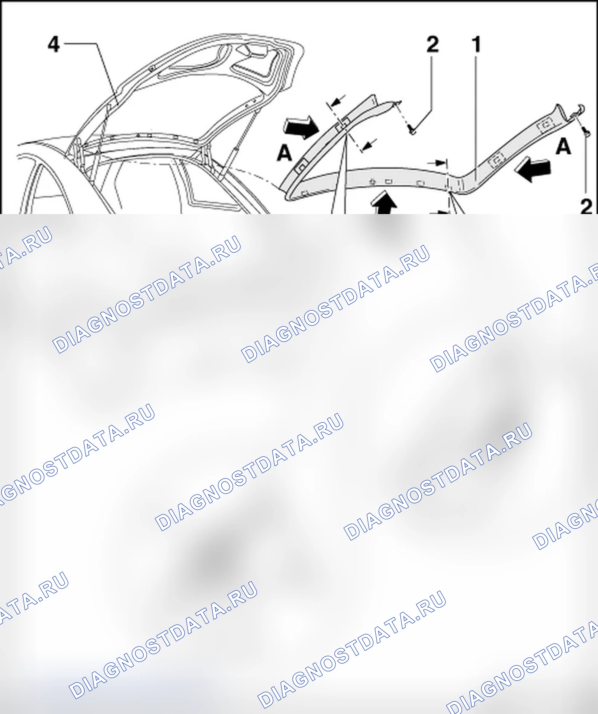Рис. 7: ОБЗОР УЗЛА облицовки ВЕРХНЕЙ ЗАДНЕЙ КРЫШКИ. Volkswagen New Beetle A4