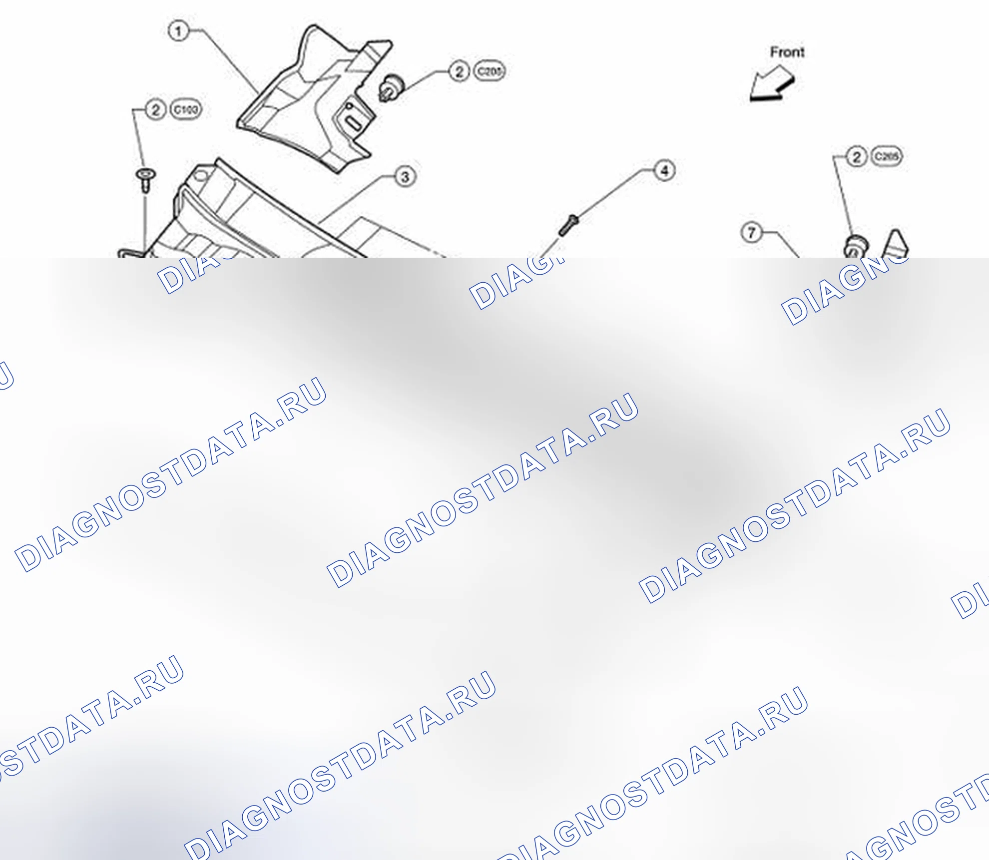 Рис. 4: Идентификация верхних компонентов капота. Nissan Frontier D40