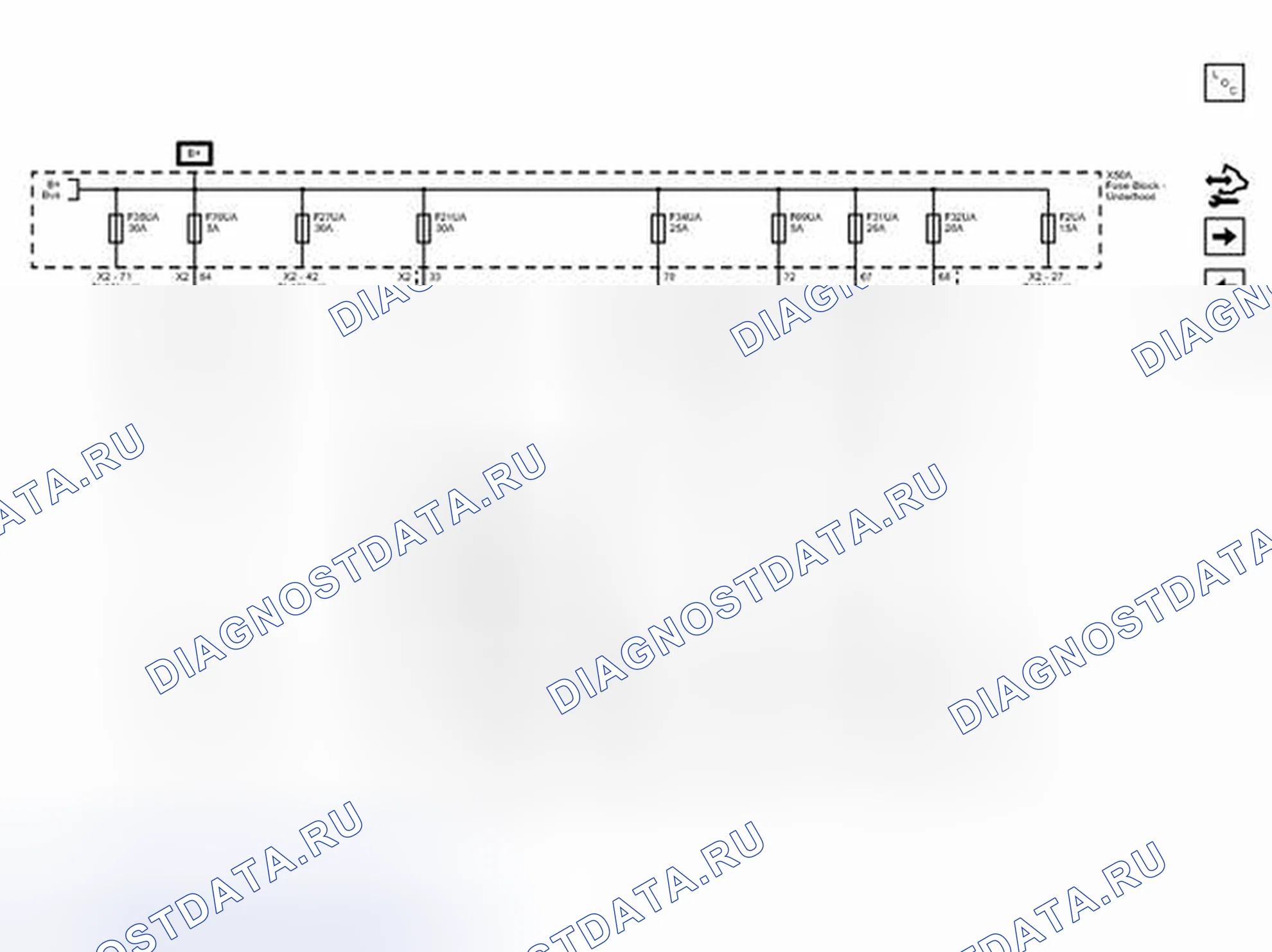 Рис. 55: Предохранители F2UA, F21UA, F27UA, xтагx2, F32UA, xта Гx4, F35UA F31UA F34UA F69UA F70UA. Chevrolet Orlando I