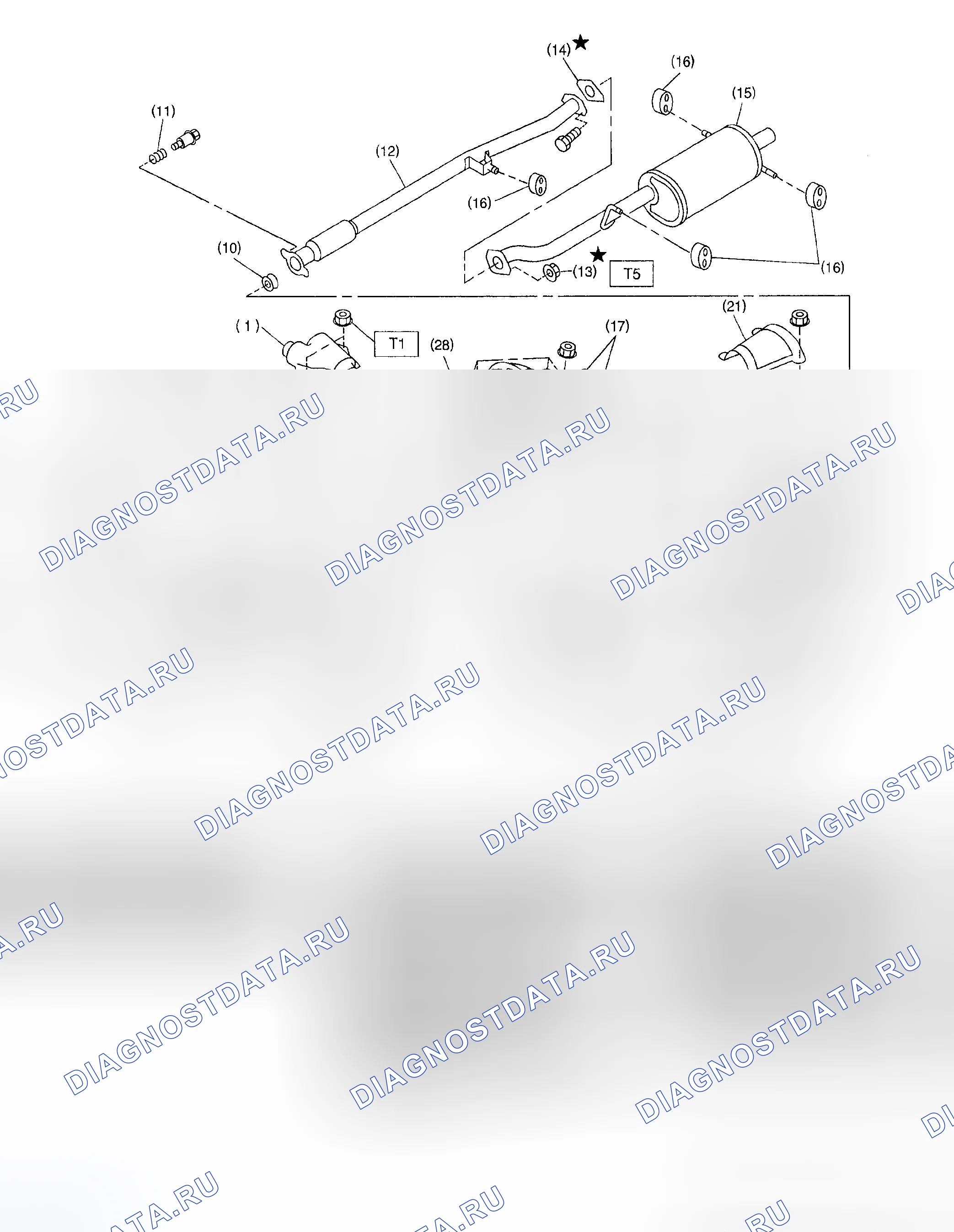 Рис. 1: Идентификация компонентов выхлопной системы (модель 2200 см3). Subaru Impreza GD/GC/GG