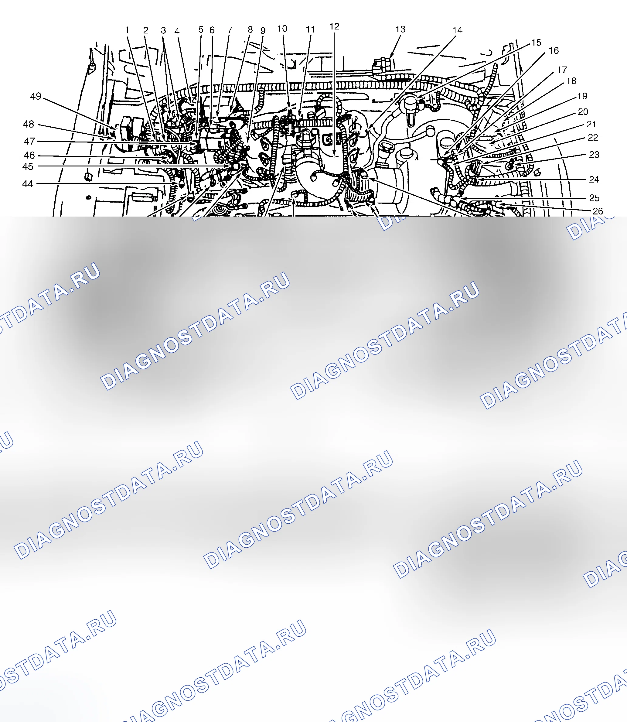 Рис. 1: Моторный отсек (4.2L). Ford Pickup F250 Super Duty 