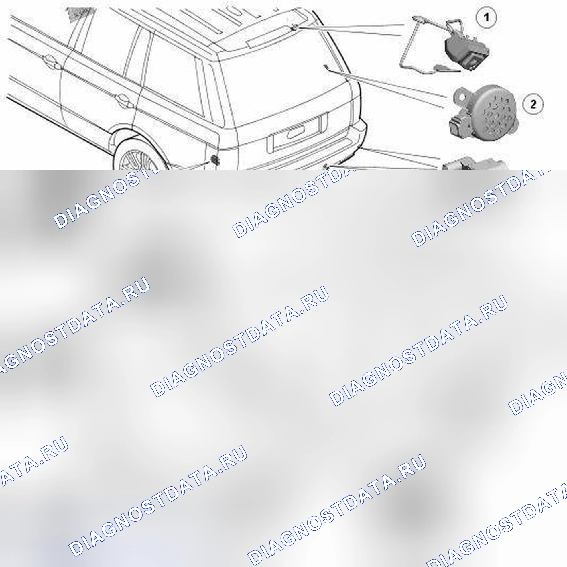 Рис. 107: РАСПОЛОЖЕНИЕ КОМПОНЕНТОВ - ПОМОЩЬ ПРИ ПАРКОВКЕ. Land Rover Range Rover III рестайлинг 2