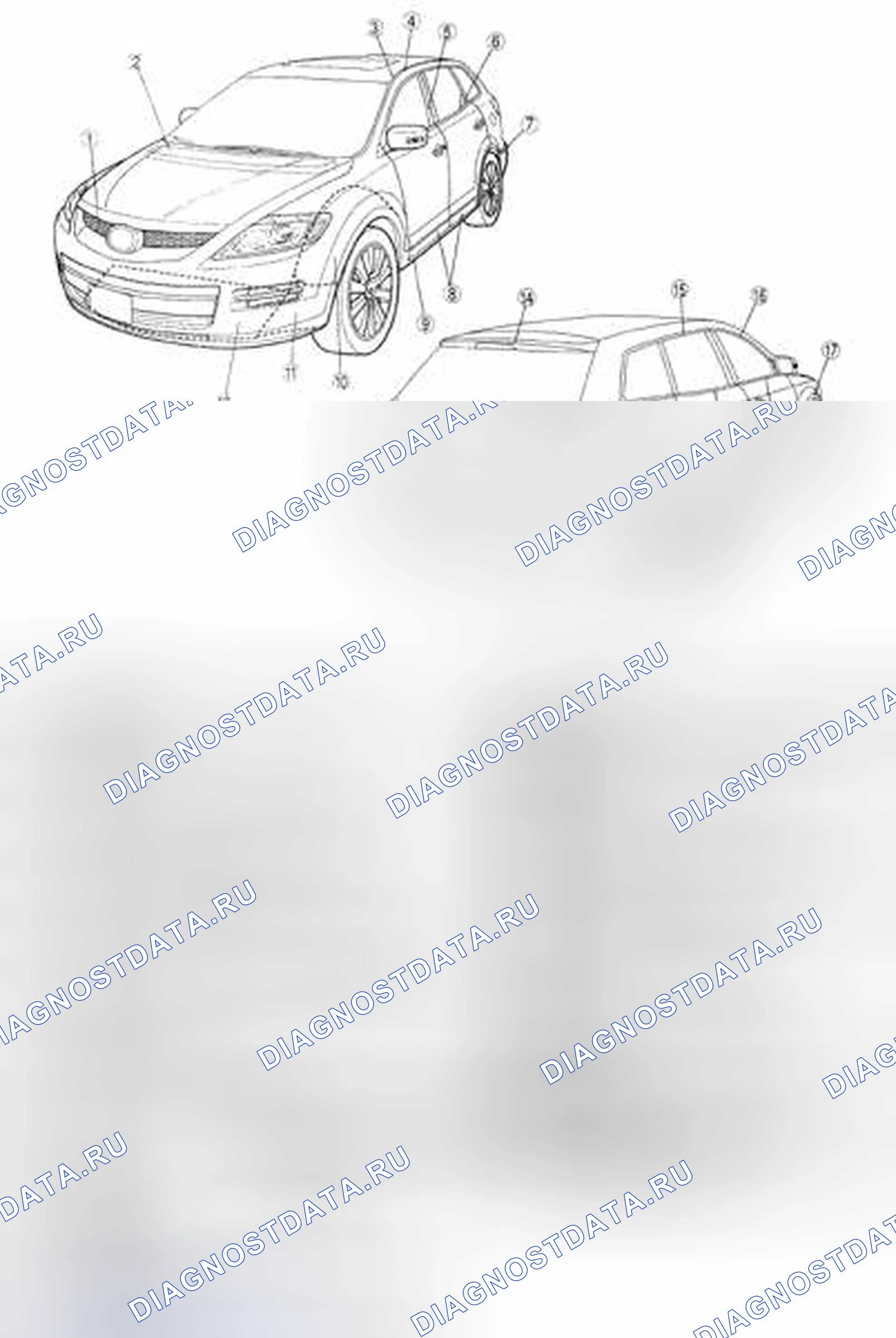 Рис. 85: ИНДЕКС РАСПОЛОЖЕНИЯ ВНЕШНЕЙ ОТДЕЛКИ. Mazda CX-9 I