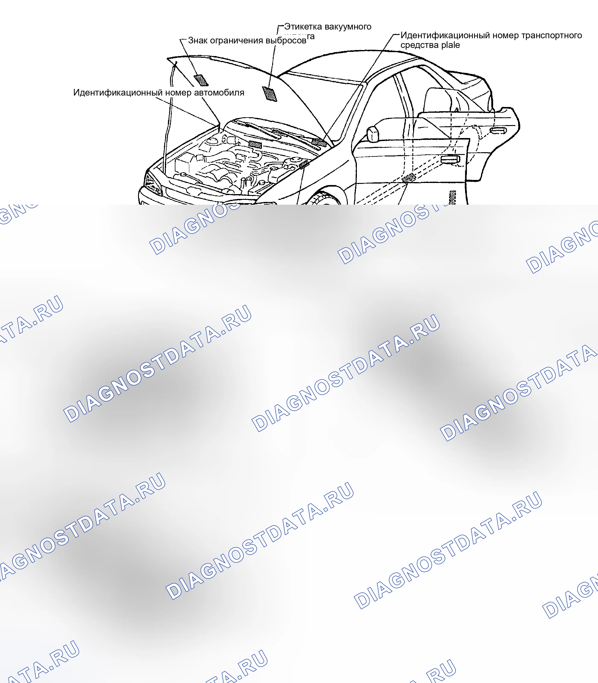 Рис. 1: ИДЕНТИФИКАЦИОННЫЕ НОМЕРА И РАСПОЛОЖЕНИЕ ЭТИКЕТОК. Subaru Impreza GD/GC/GG