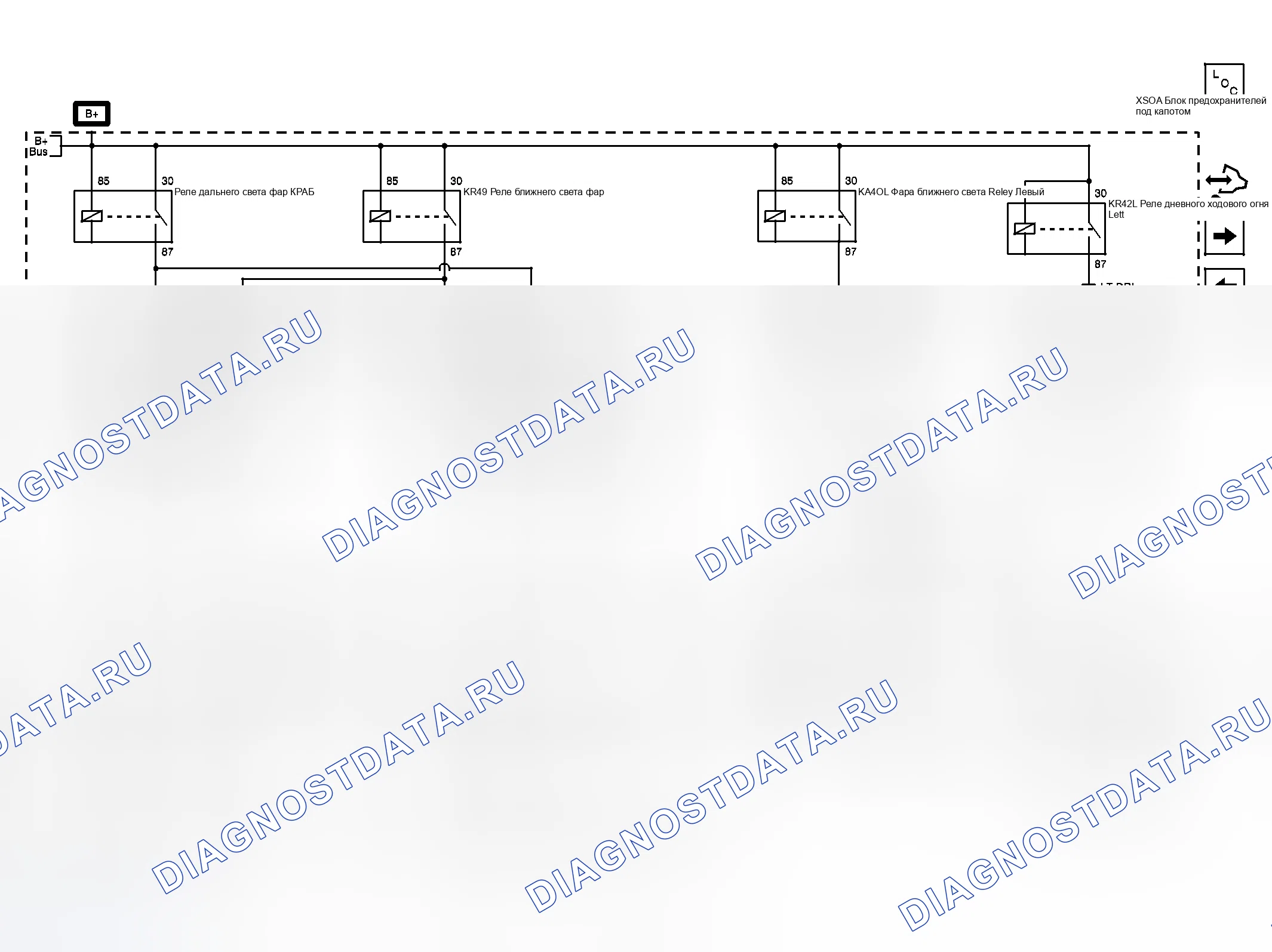 Рис. 82: Предохранители LT DRL, LT Lo BEAM, LT HI BEAM, RT Lo BEAM и RT HI BEAM. Chevrolet Traverse I рестайлинг