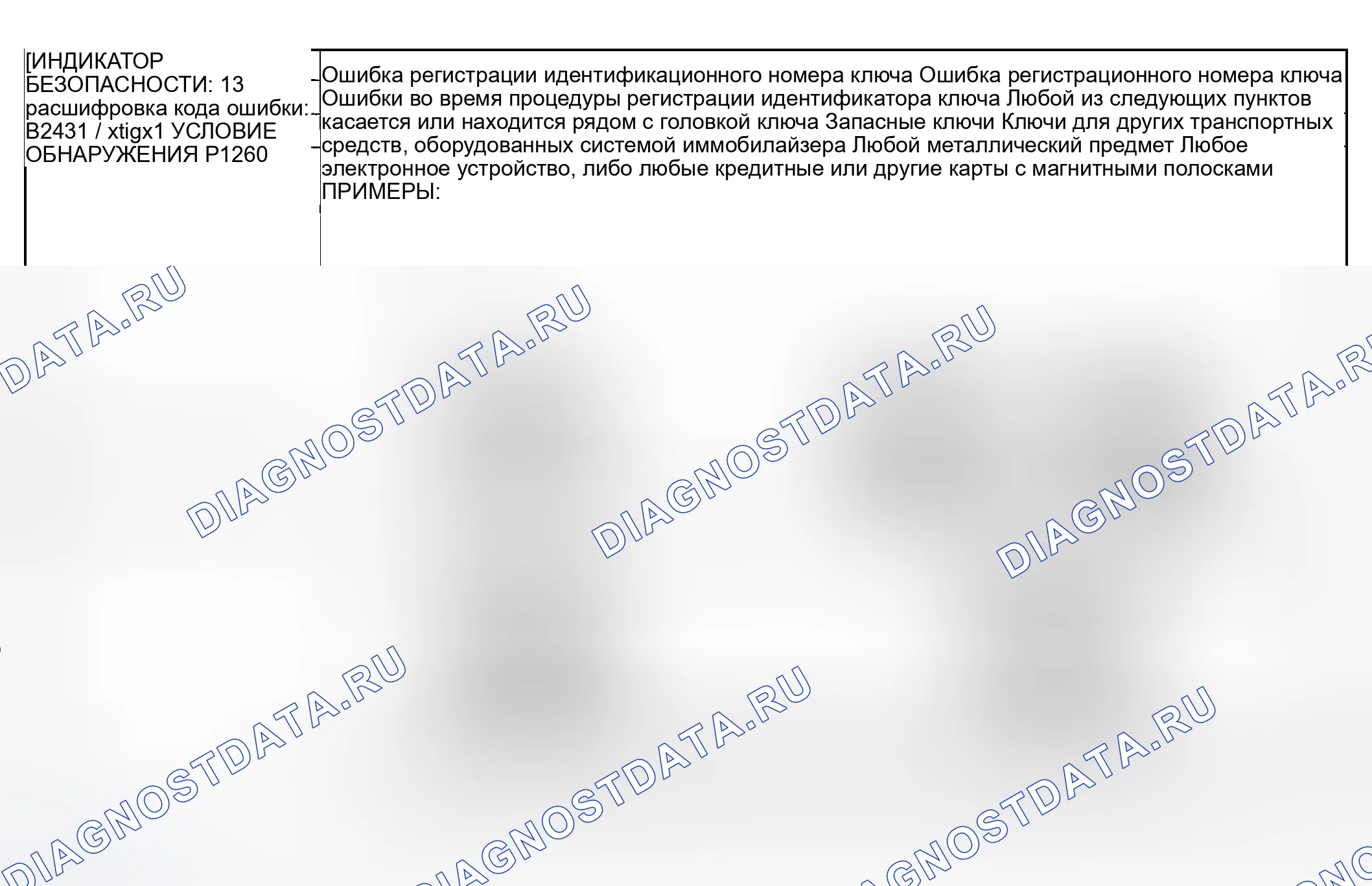 Рис. 9: расшифровка кода ошибки B2431 / xtigx1, ИНДИКАТОР БЕЗОПАСНОСТИ 13: ОШИБКА РЕГИСТРАЦИИ ИДЕНТИФИКАТОРА КЛЮЧА P1260. Mazda RX-8 I