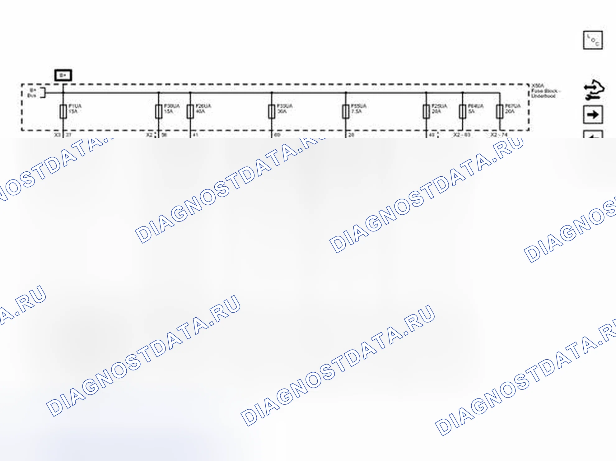 Рис. 56: Плавкие предохранители F1UA, F25UA, F26UA, F30UA, xтагx3, xta G4, xта Гх5 и F67UA F33UA F55UA F64UA. Chevrolet Orlando I