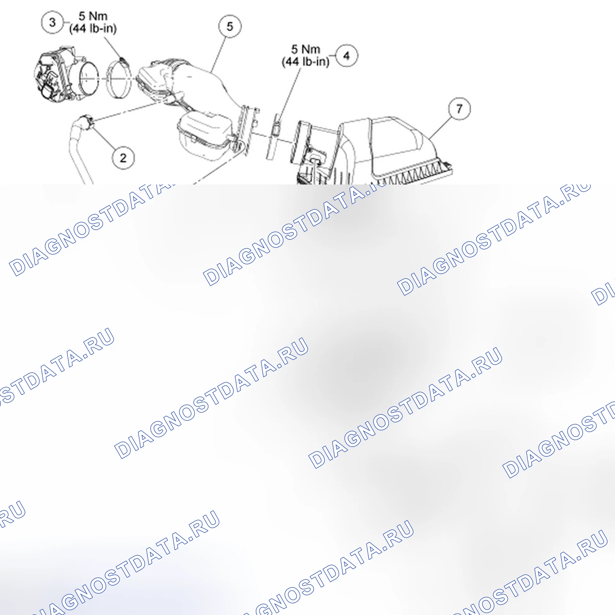 Рис. 1: Компоненты системы забора воздуха - разнесенный вид. Hyundai Lantra II рестайлинг