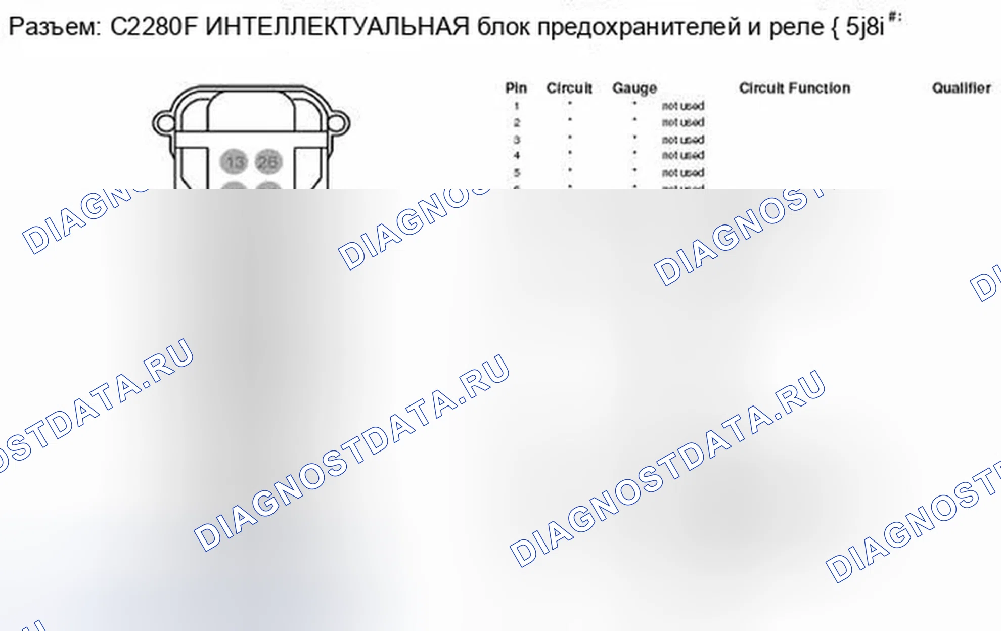 Рис. 244: Вид с торца разъема интеллектуальной блока предохранителей и реле (C2280F). Ford Edge I