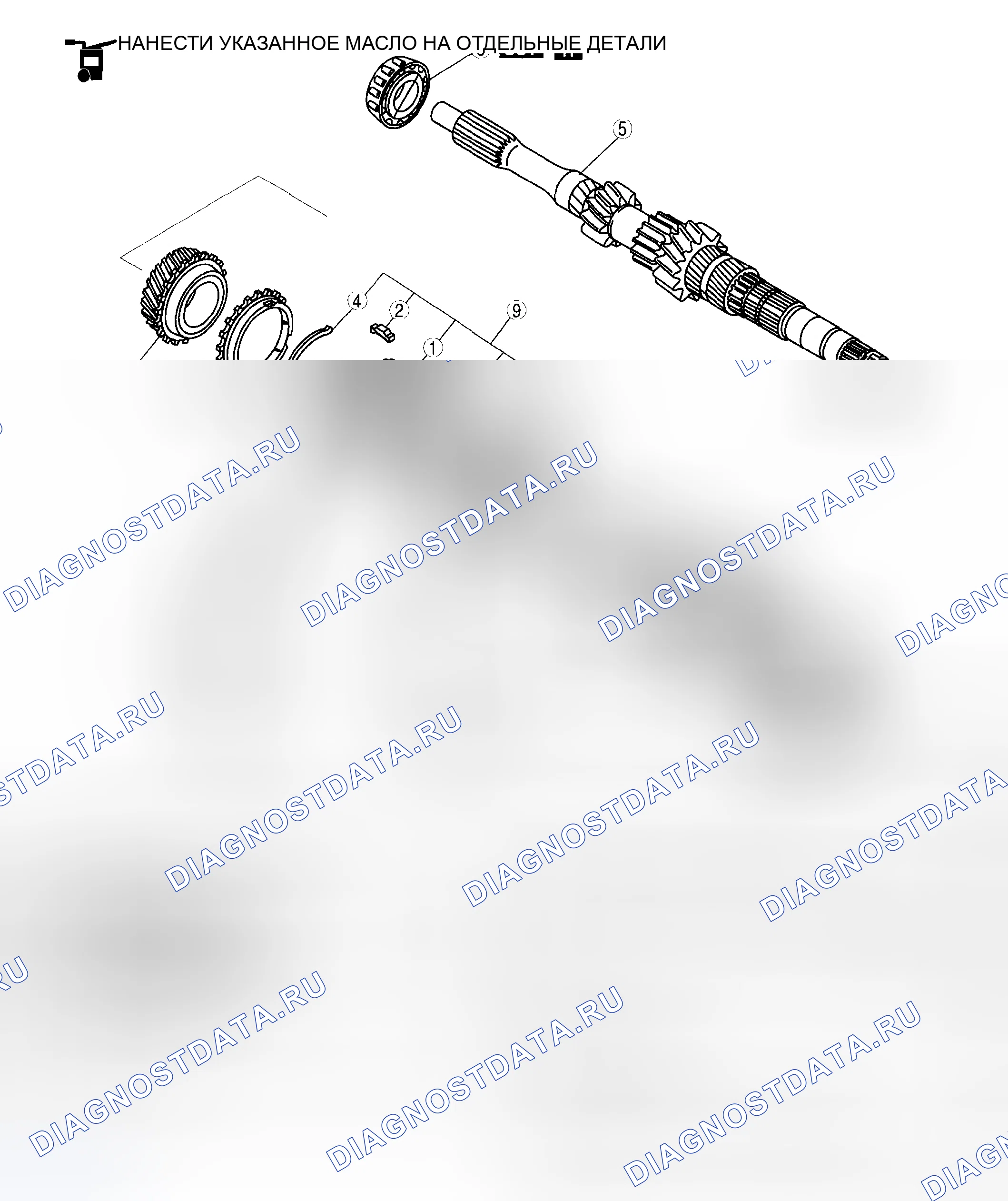 Рис. 60: КОМПОНЕНТЫ ПЕРВИЧНОГО ВАЛА В СБОРЕ. Mazda 5 I