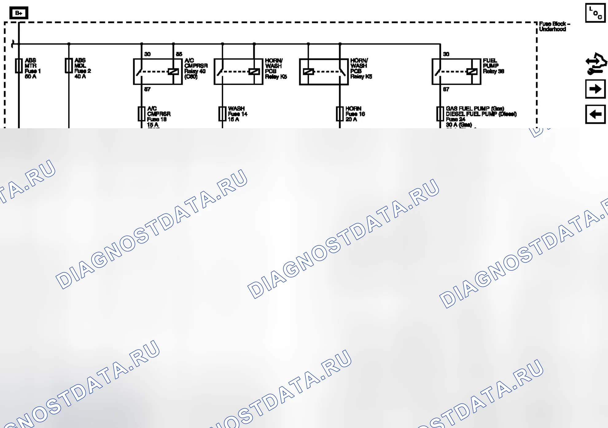 Рис. 151: A / C CMPRSR, ABS MDL, ABS MTR, ДИЗЕЛЬНЫЙ ТОПЛИВНЫЙ НАСОС, ГАЗОВЫЙ ТОПЛИВНЫЙ НАСОС, РУПОРНЫЙ ПРЕДОХРАНИТЕЛЬ И ПРОМЫВОЧНЫЙ ПРЕДОХРАНИТЕЛЬ. GMC RV Cutaway G3500 