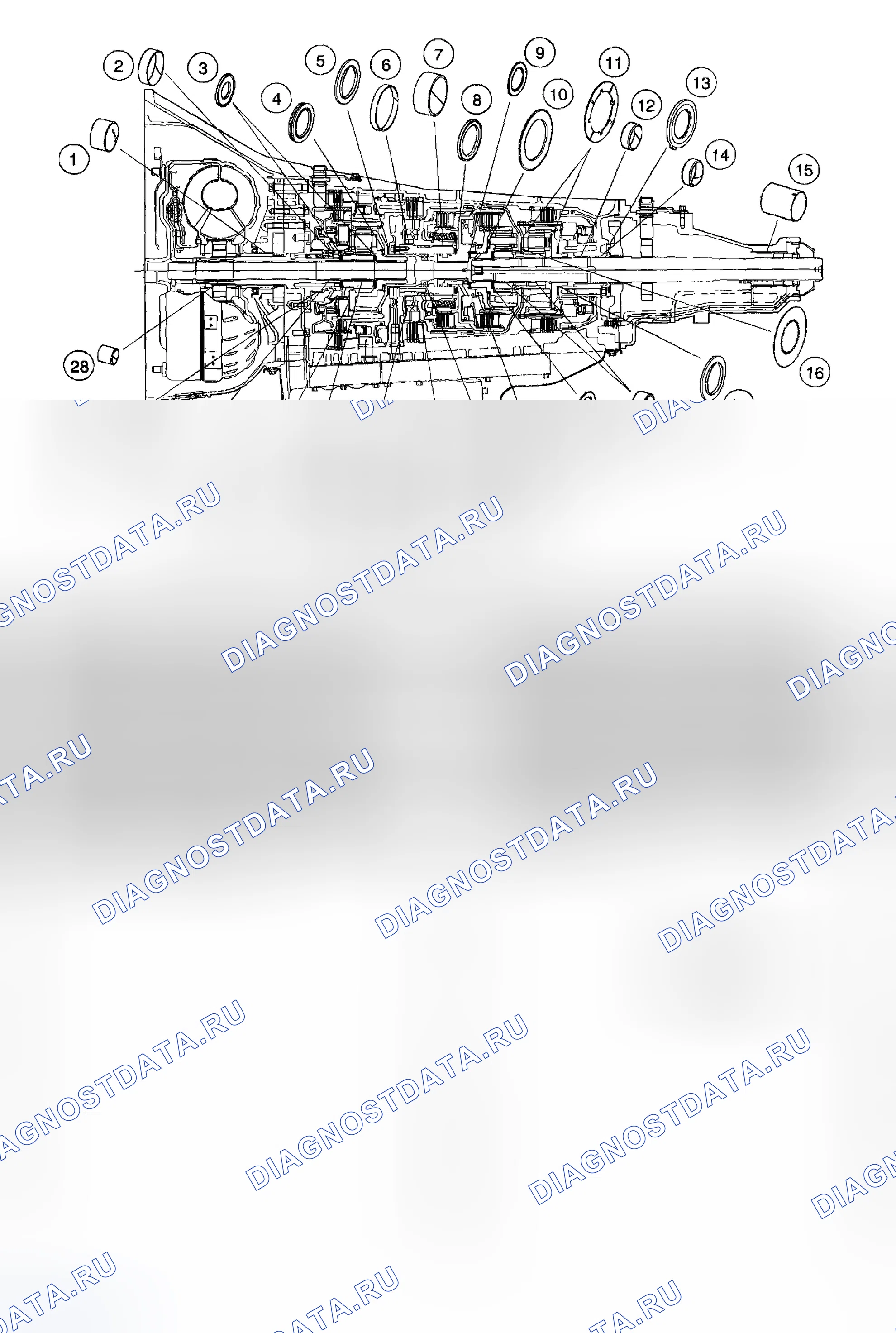 Рис. 1432: ВТУЛКИ, ПОДШИПНИК И ФИКСАТОР УПОРНОЙ ШАЙБЫ. Ford Pickup F250 Super Duty I