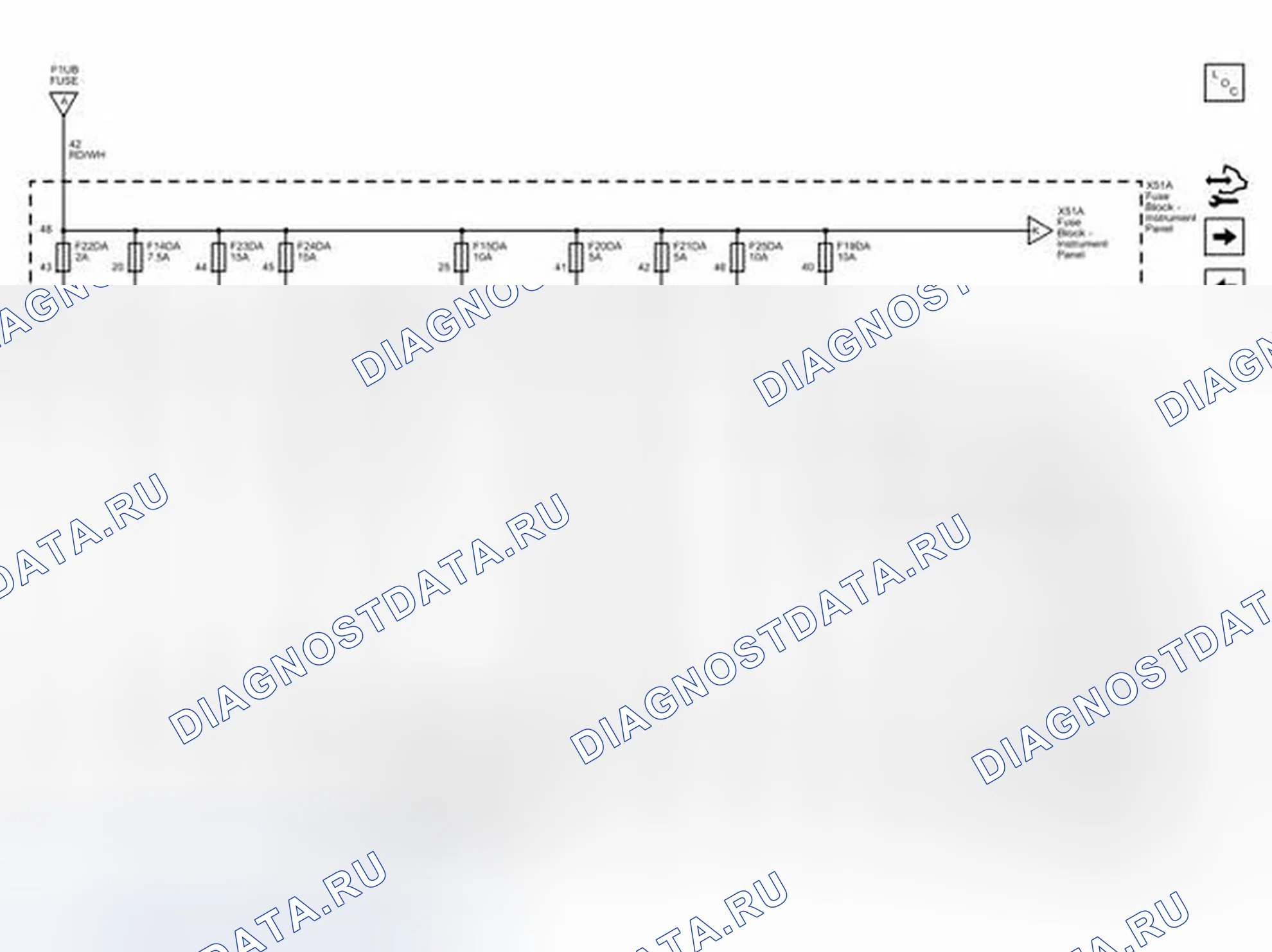 Рис. 39: F14DA, F15DA, F19DA, F20DA, F21DA, F22DA, F23DA, F24DA и плавкие предохранители F25DA. Buick LaCrosse II рестайлинг