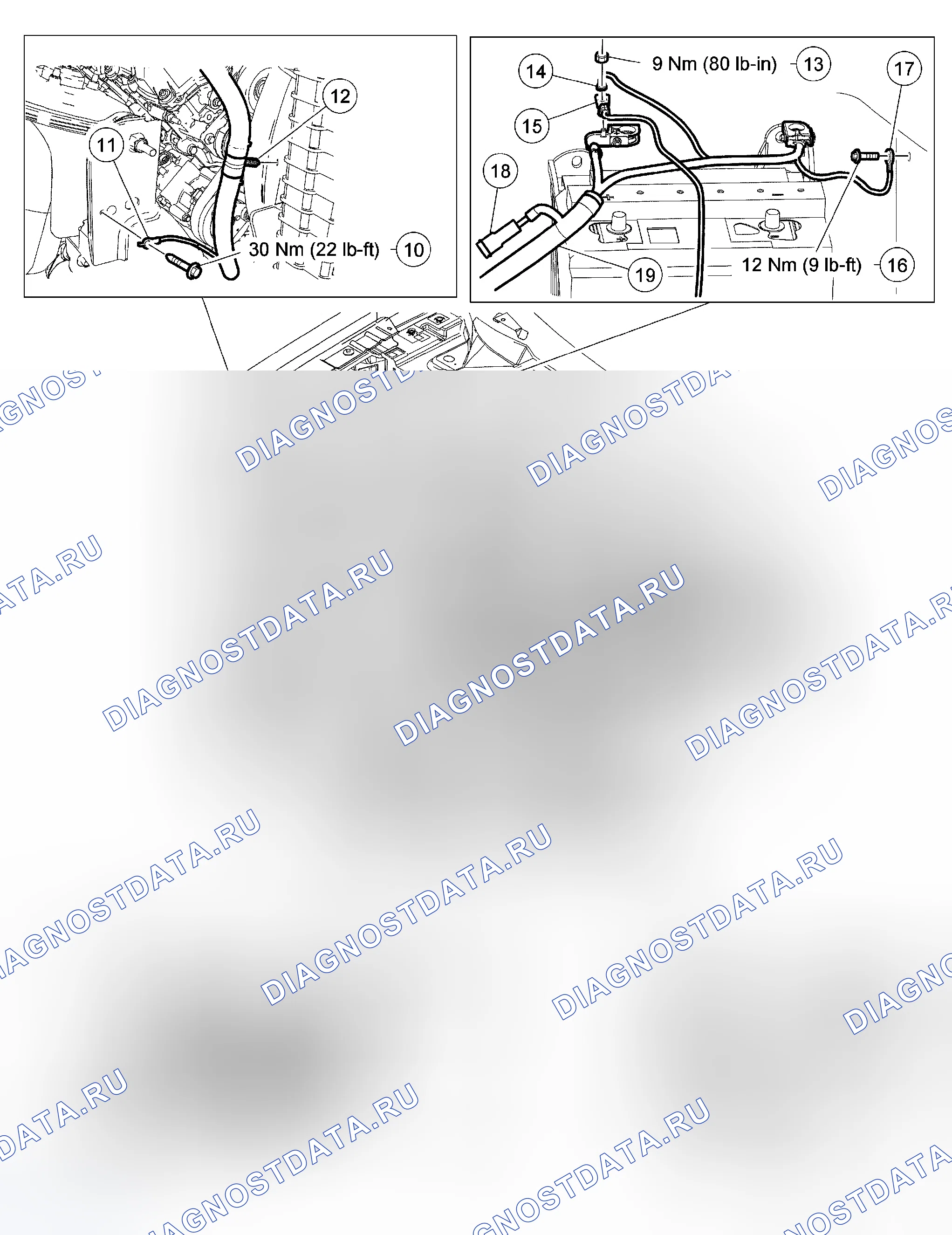 Рис. 97: Кабели для аккумуляторных батарей - 4,6 л и 5,4 л. Ford Pickup F350 Super Duty 