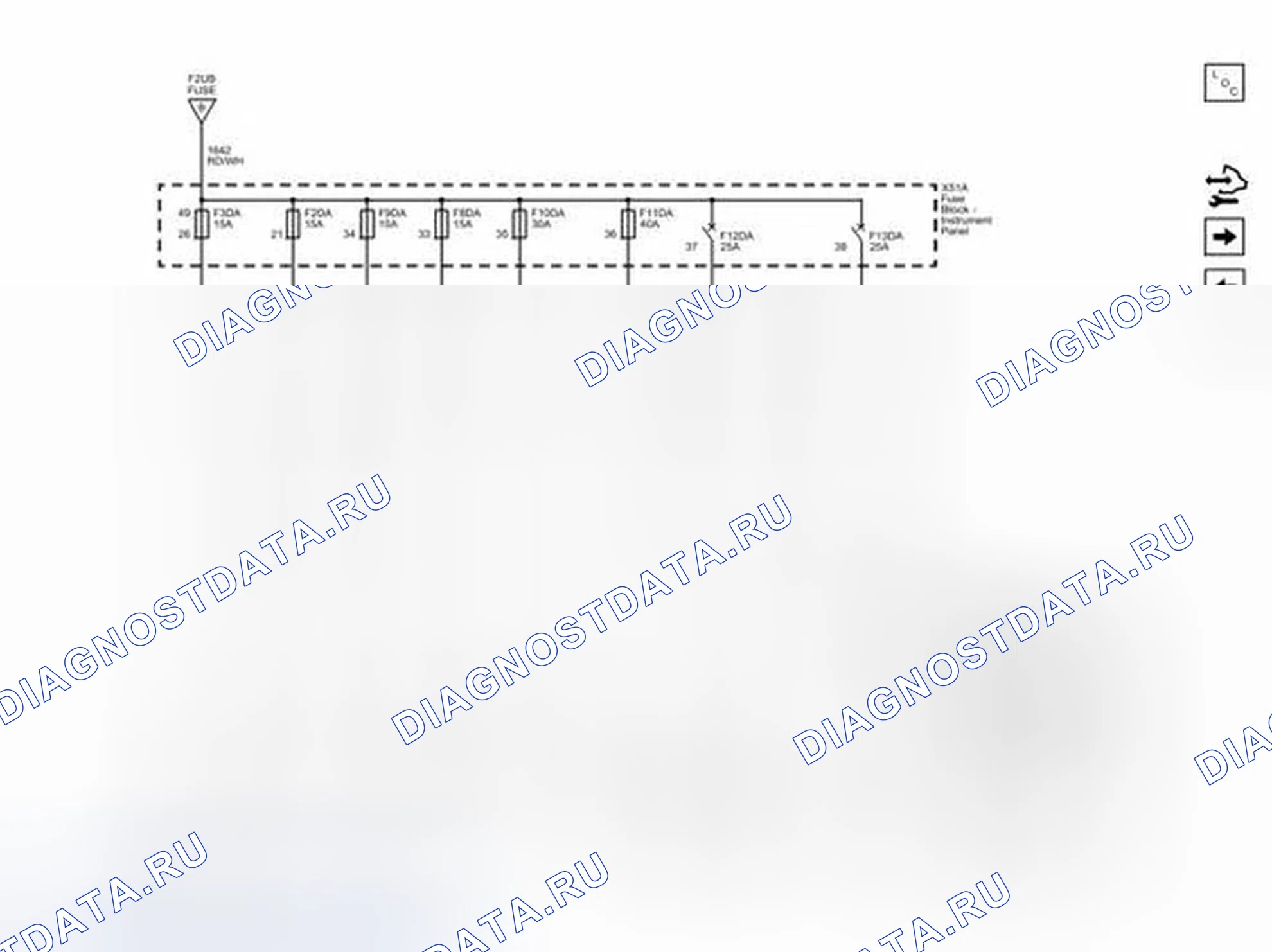 Рис. 38: F2DA, F3DA, F8DA, F9DA, F10DA, плавкие предохранители F11DA и F12DA, выключатели F13DA. Buick LaCrosse II рестайлинг