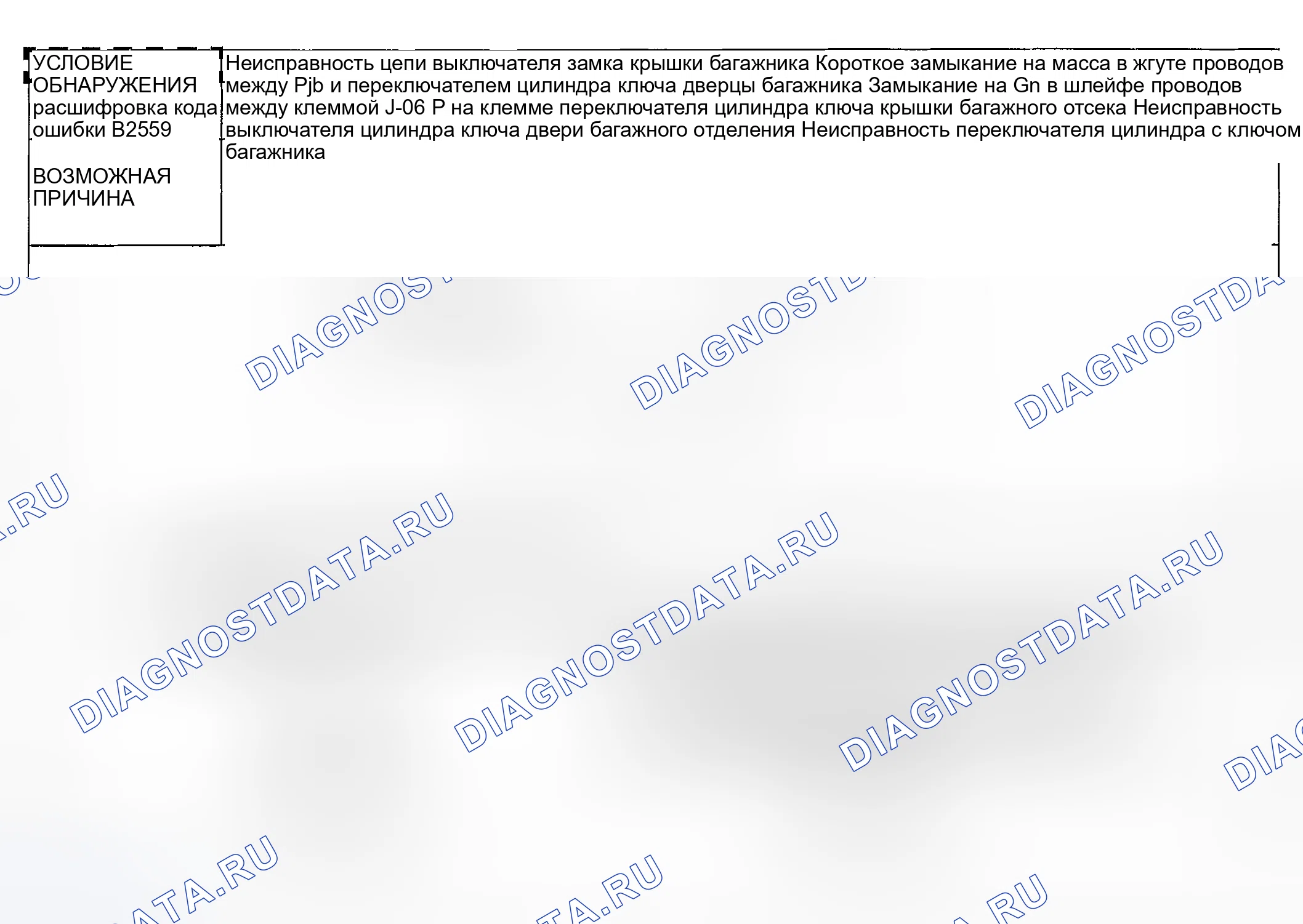 Рис. 100: расшифровка кода ошибки B2559: НЕИСПРАВНОСТЬ ЦЕПИ БЛОКИРОВКИ / РАЗБЛОКИРОВКИ КРЫШКИ БАГАЖНИКА. Honda CR-V III рестайлинг
