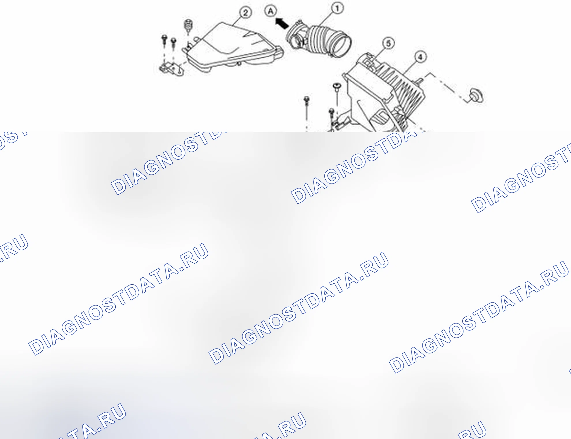 Рис. 9: Идентификация компонентов воздухоочистителя и воздуховода. Nissan Sentra B16