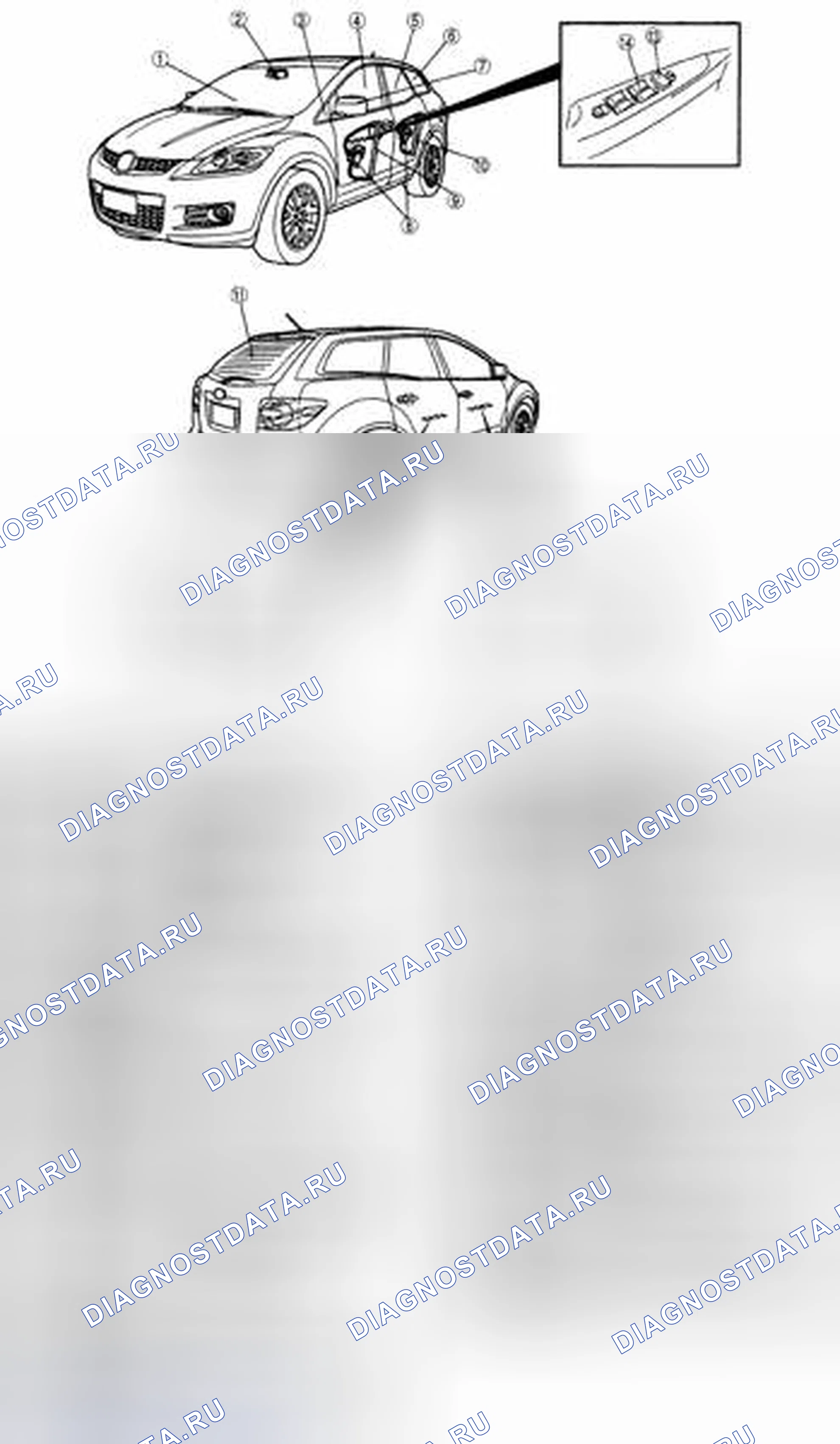 Рис. 1: ИНДЕКС РАСПОЛОЖЕНИЯ СТЕКЛА / ОКОН / ЗЕРКАЛ. Mazda CX-7 I