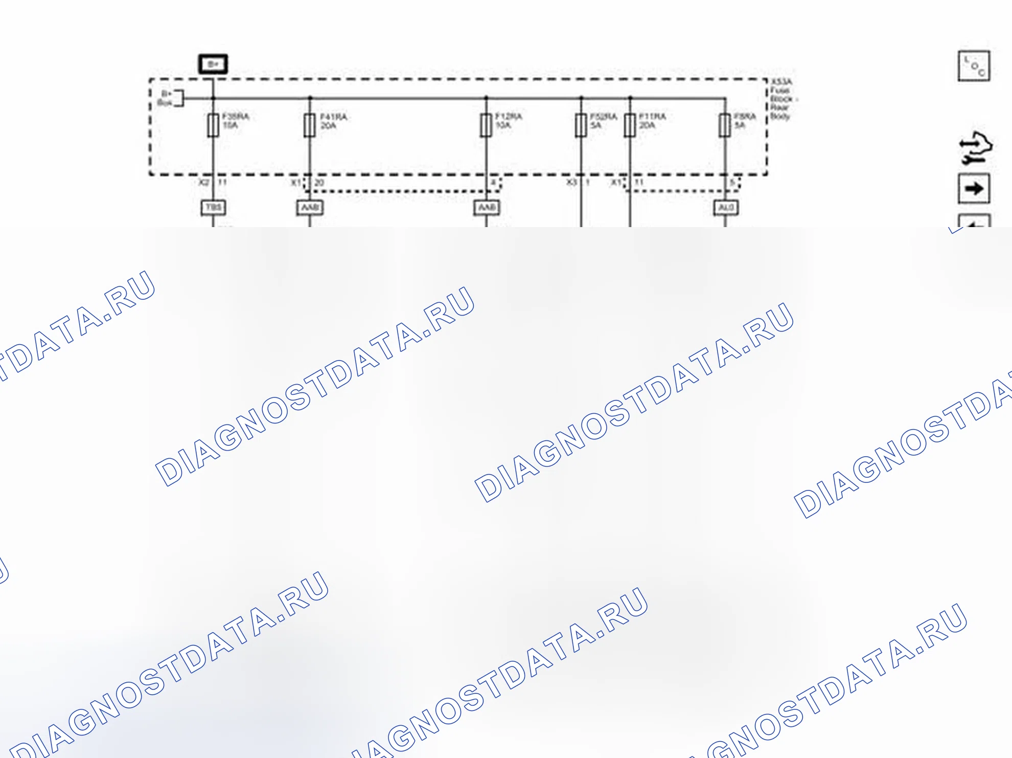 Рис. 87: Предохранители F8RA, F11RA, F12RA, F35RA, F41RA и F52RA. Cadillac SRX II рестайлинг