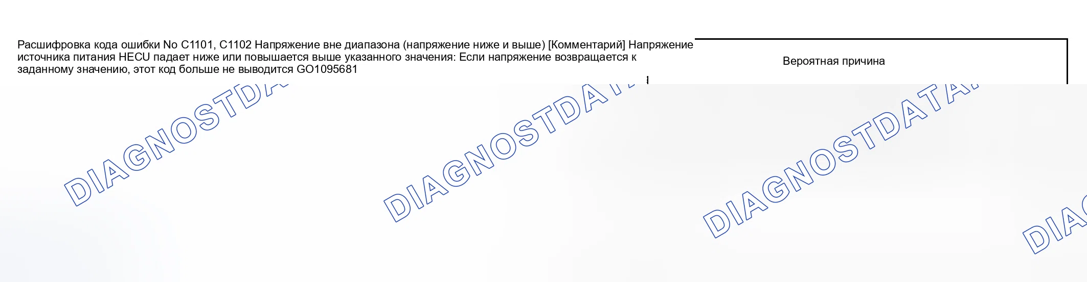 Рис. 25: расшифровка кода ошибки C1101, C1102: НАПРЯЖЕНИЕ ВНЕ ДИАПАЗОНА. Geely Preface I