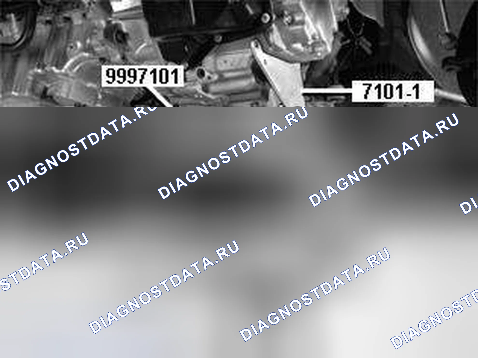 Рис. 406: УСТАНОВКА ПРИСПОСОБЛЕНИЯ НА ПЕРЕДВИЖНОЙ ДОМКРАТ И ТРАНСМИССИЮ. Volvo V50 I