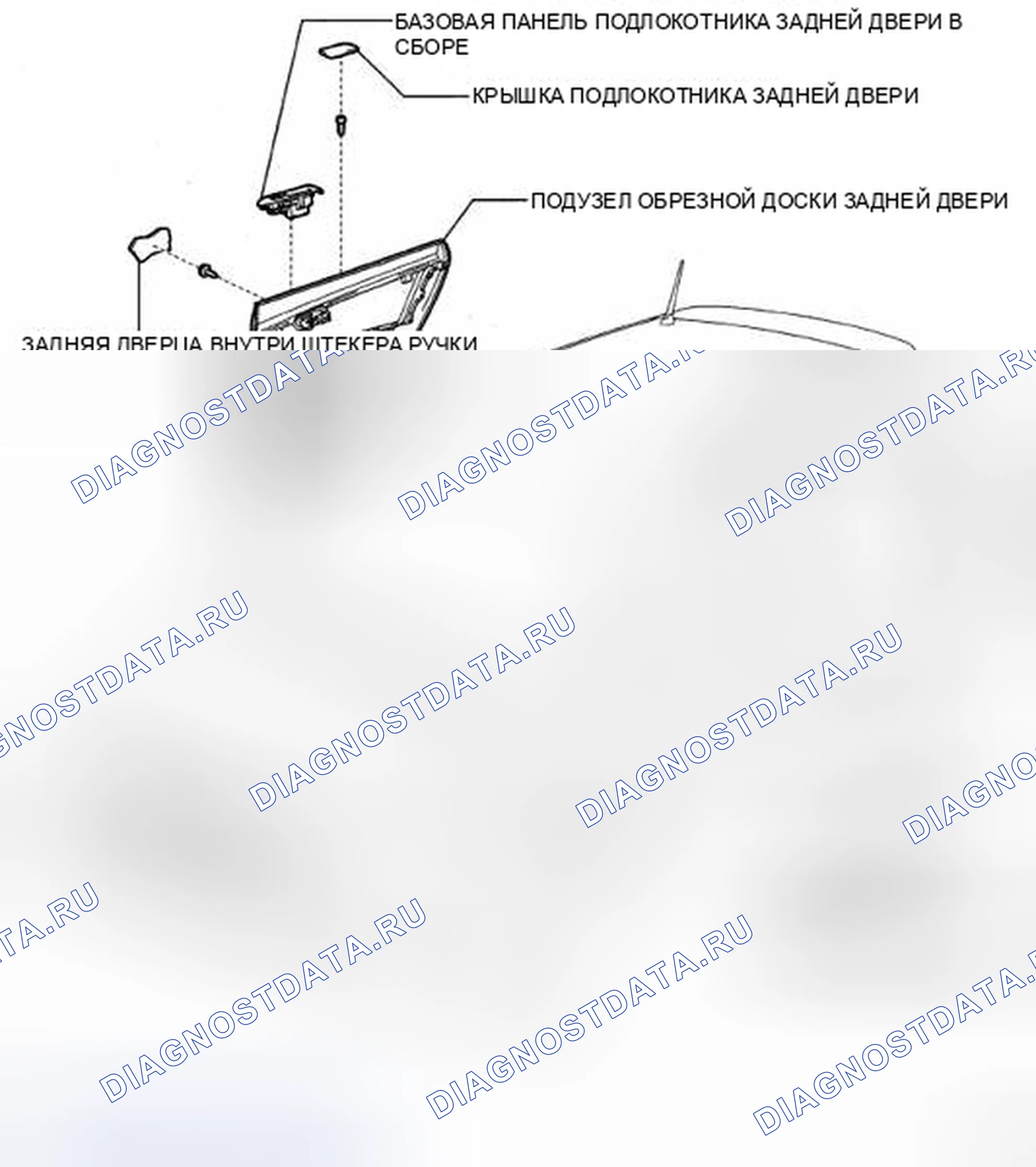 Рис. 238: Идентификация компонентов формовки ремня задней двери. Honda Accord IX