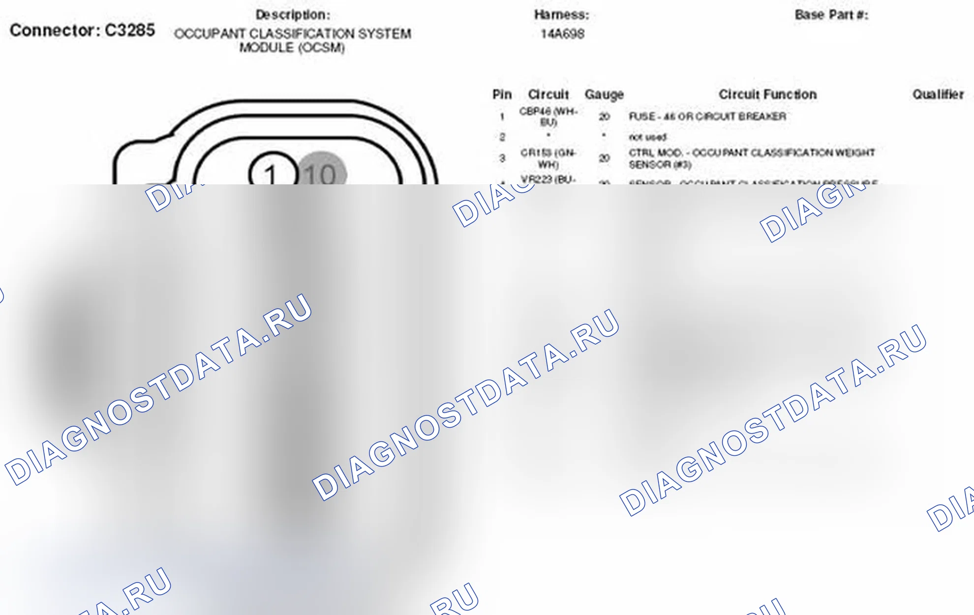 Рис. 296: Вид с торца разъема модуля системы классификации пассажиров (C3285). Ford Taurus X I