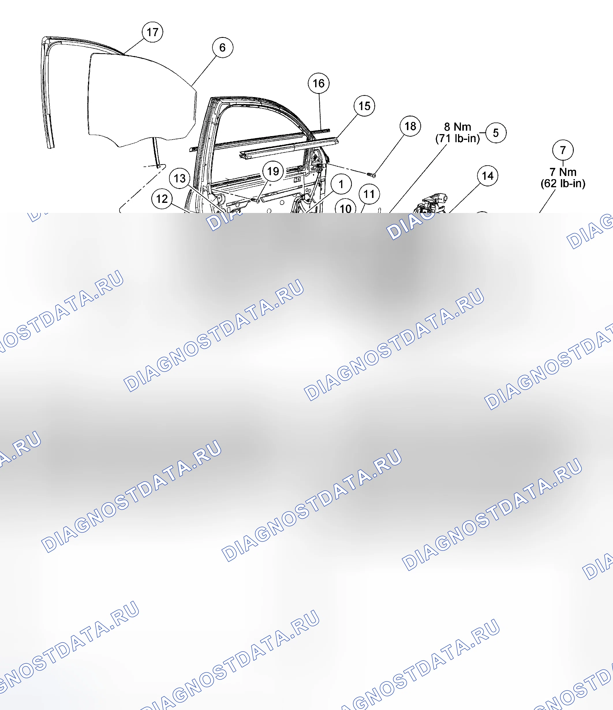 Рис. 79: Стекло, рамы и механизмы - разнесенный вид, передняя дверь. Hyundai Mistra II