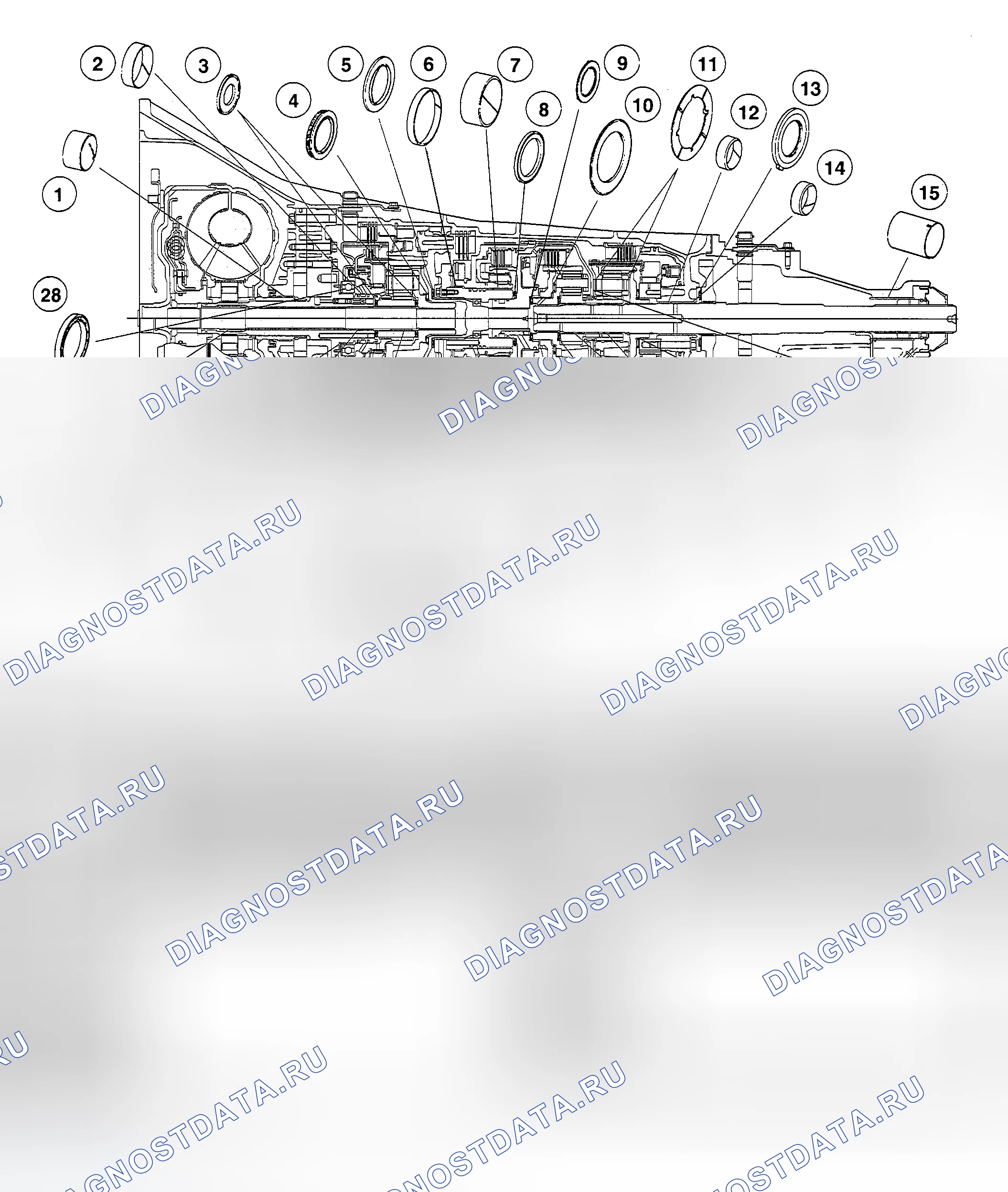 Рис. 671: Втулки, подшипник и фиксатор упорной шайбы. Ford Pickup F150 
