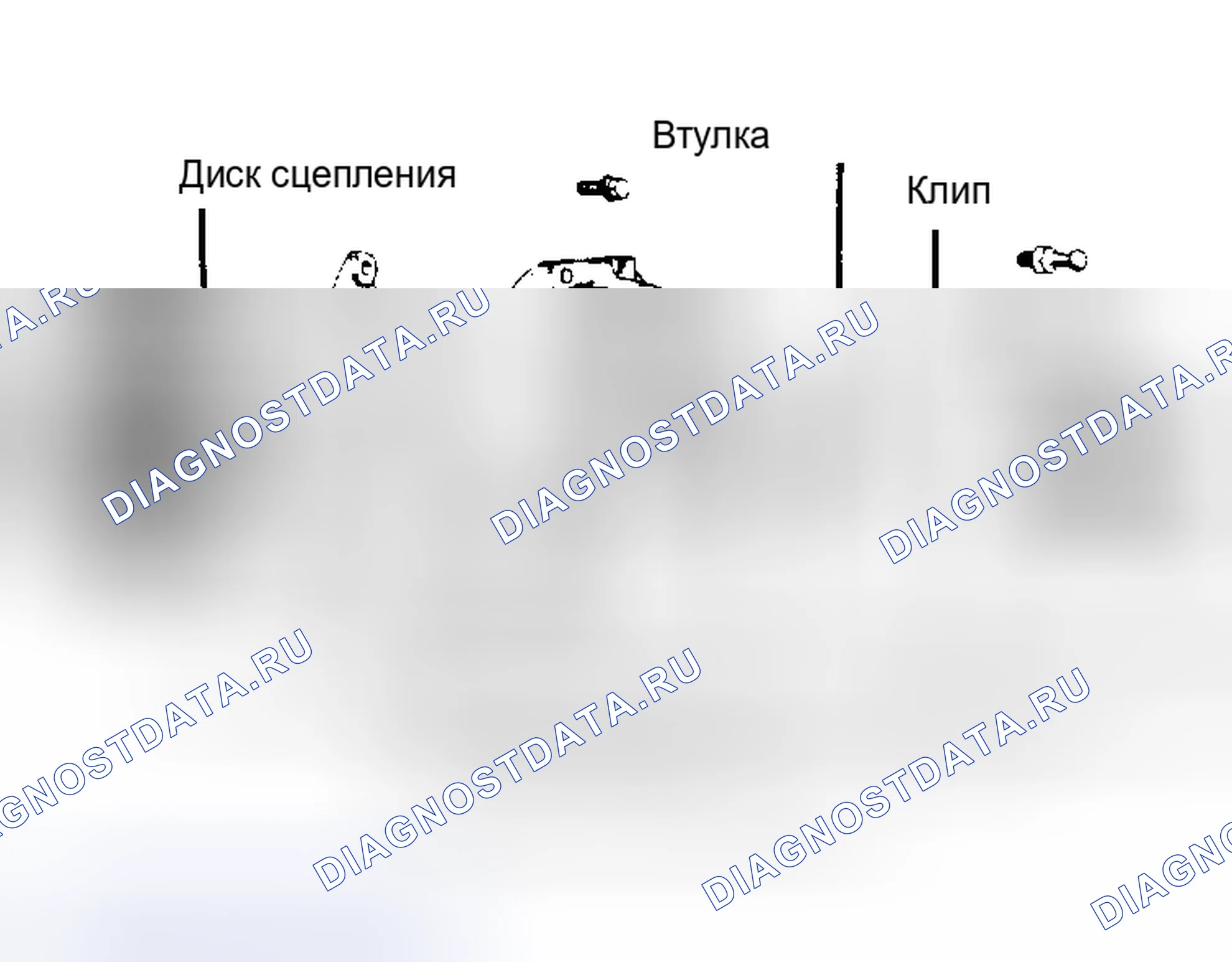 Рис. 1: Разнесенный вид типичной компоновки сцепления Нажимной диск в сборе и пружины фиксатора ступицы/втулки различаются между моделями.. Toyota Camry V10