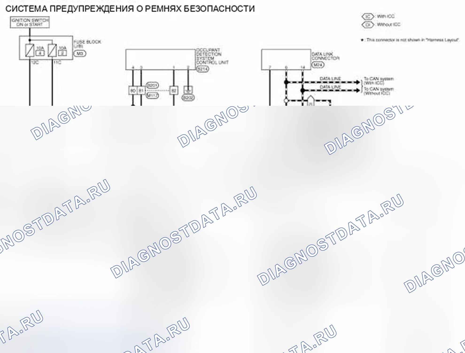 Рис. 23: СХЕМА ЭЛЕКТРОПРОВОДКИ - СИСТЕМА ПРЕДУПРЕЖДЕНИЯ О РЕМНЯХ БЕЗОПАСНОСТИ. Infiniti FX50 II рестайлинг