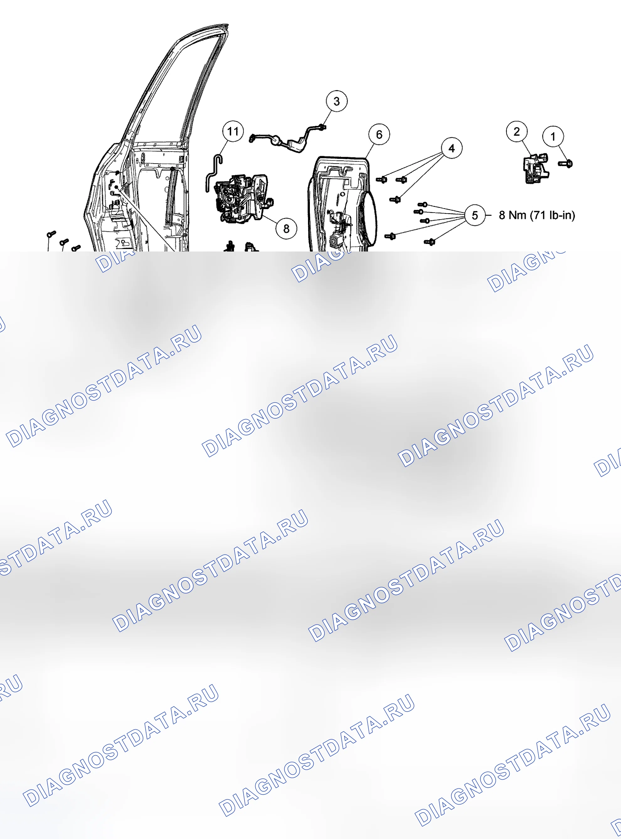 Рис. 20: Ручки задних дверей, замки и защелки - разнесенный вид. Hyundai Mistra II
