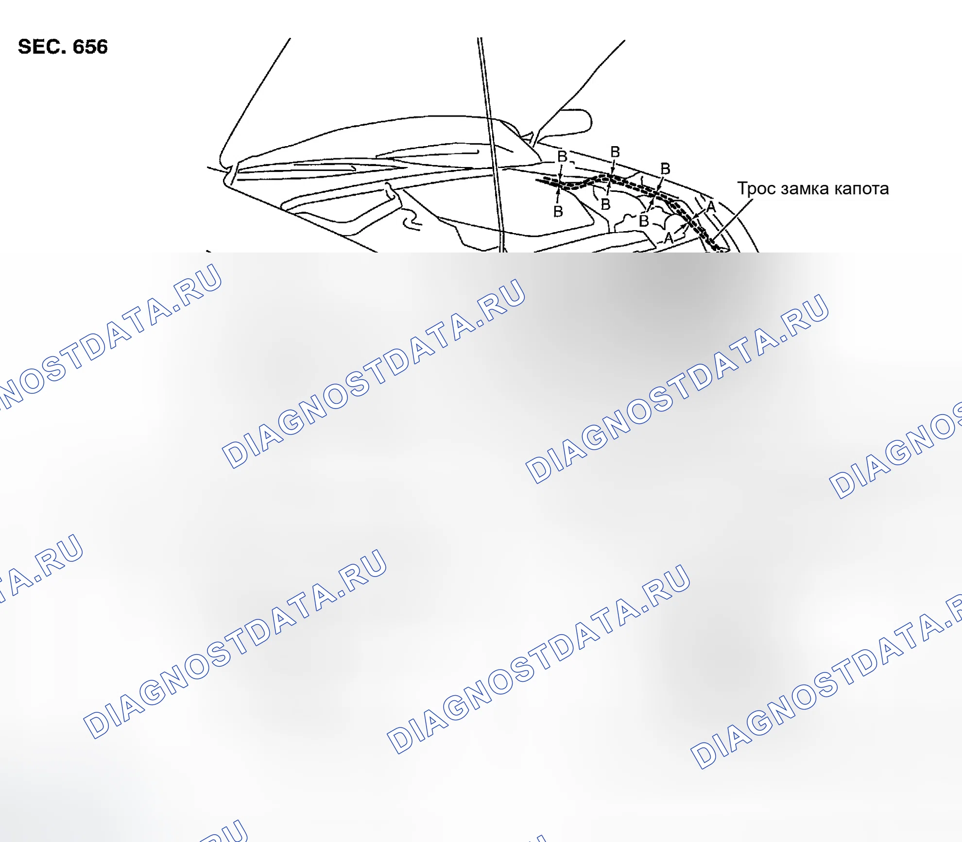 Рис. 5: СНЯТИЕ И УСТАНОВКА УПРАВЛЕНИЯ ЗАМКОМ КАПОТА. Infiniti G35 III