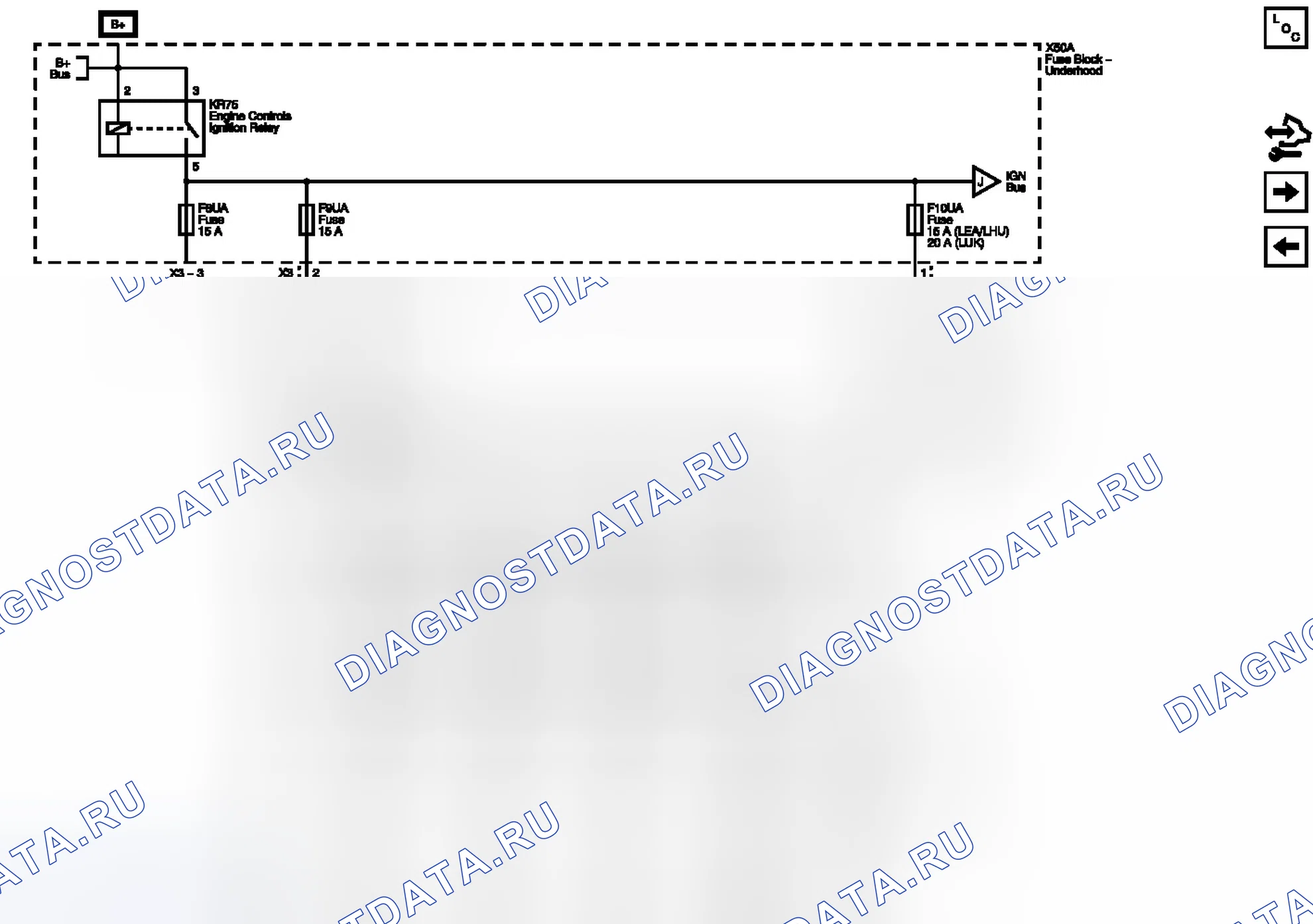 Рис. 52: Схемы подключения предохранителей F8UA, F9UA, F10UA и F65UA. Buick Regal V