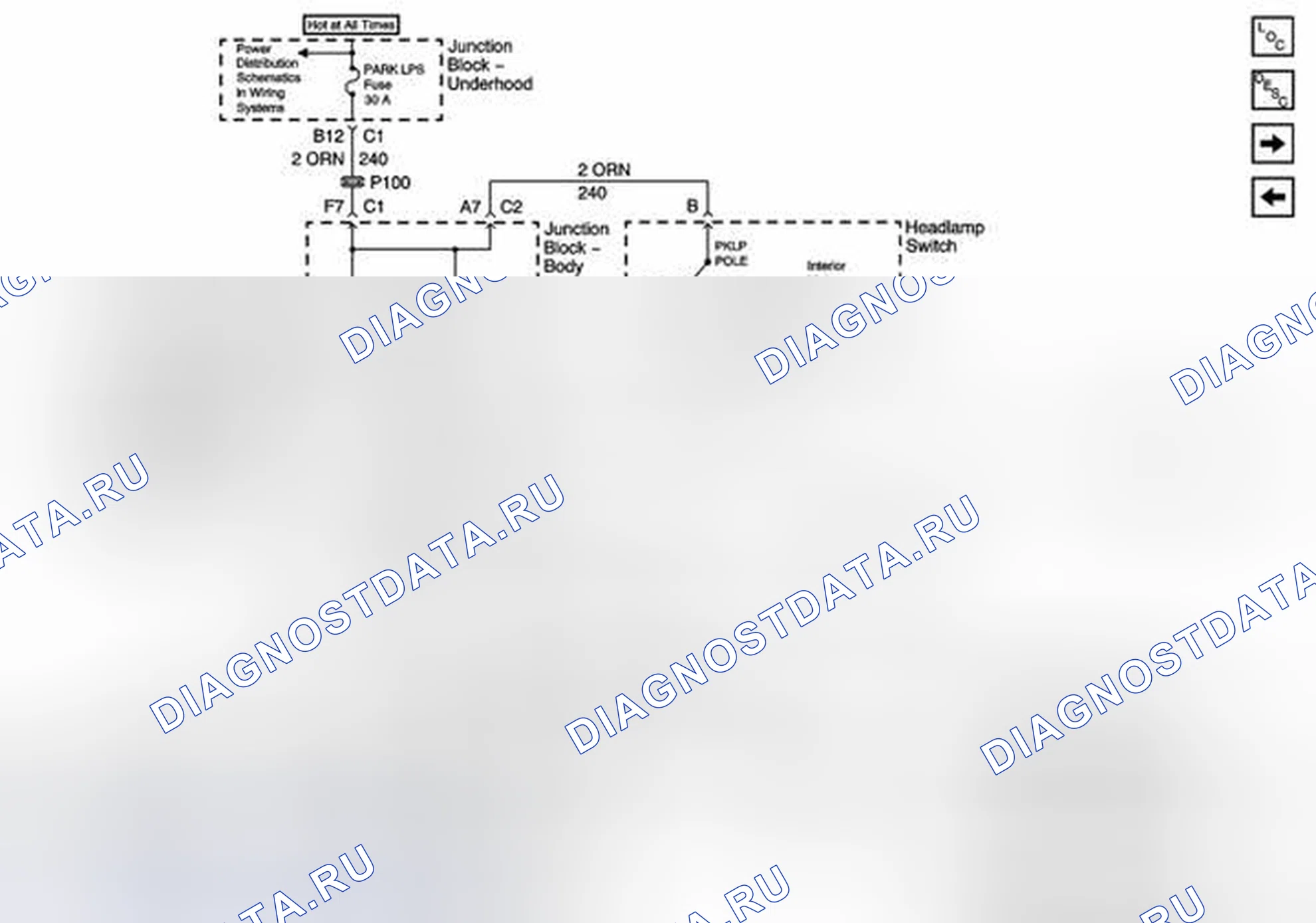 Рис. 7: Реле парковой лампы, предохранители Fr PRK TRL ПРК, Лр ПР к и Рп РК. GMC C3500 HD GMT400 final