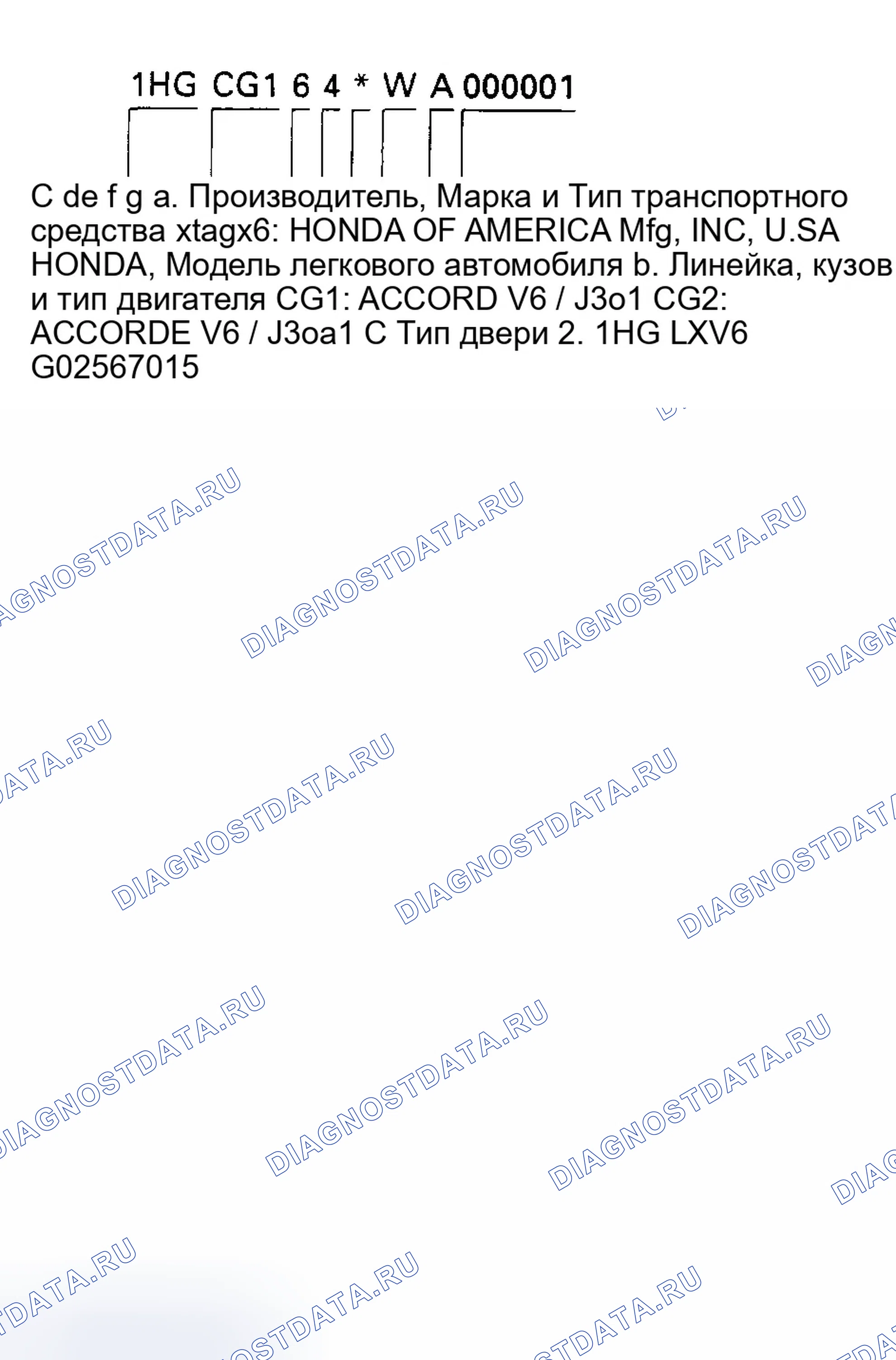 Рис. 20: Идентификационный номер транспортного средства. Honda Accord VI
