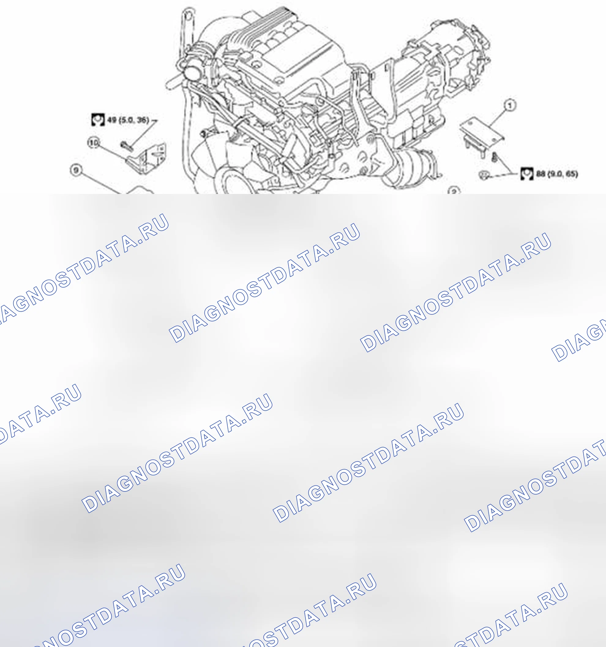 Рис. 345: Узел двигателя: вид в разобранном виде. Suzuki Equator I